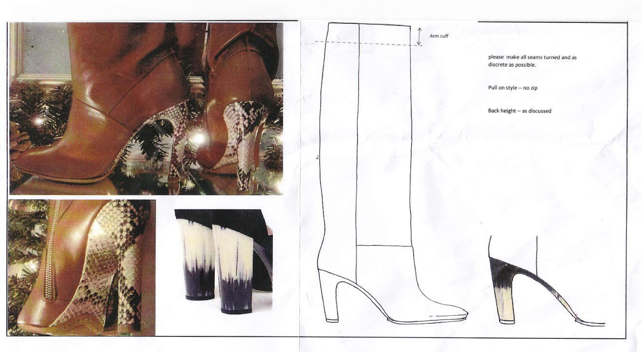 Dibujo de una bota de tacón alto en línea, acompañada de instrucciones y dos fotos de botas en diferentes estilos y un par de tacones con un diseño de degradado.