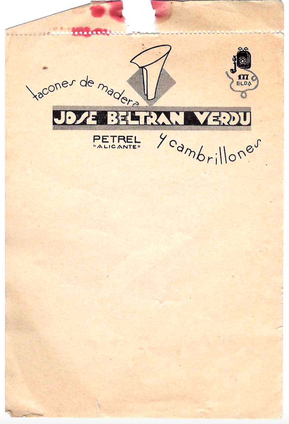 Folleto antiguo de alimentos en papel de color marrón claro, con dibujo de un cuchillo y logotipo de un teléfono y una corona en la esquina superior derecha.