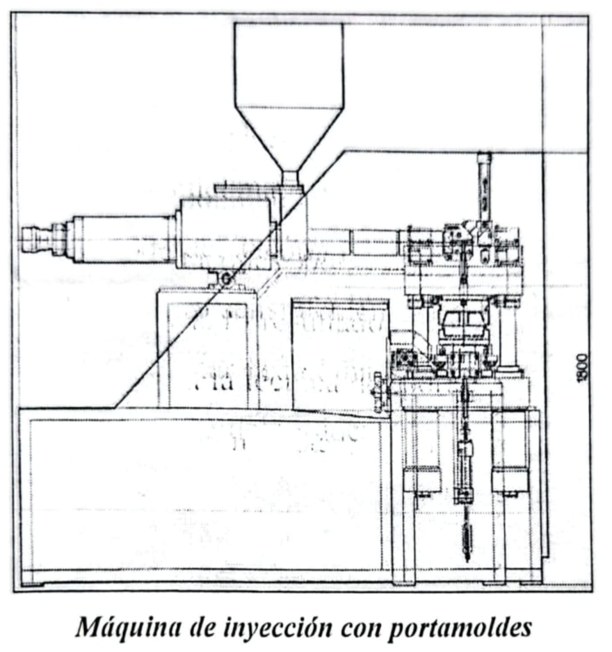 Dibujo técnico de una máquina de inyección con portamoldes, mostrando componentes y estructura en línea.