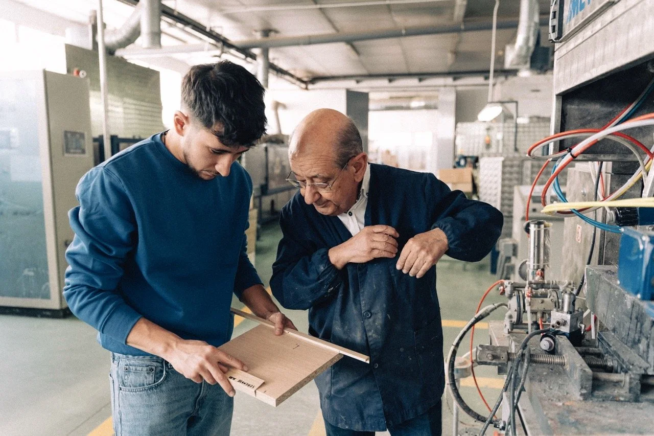 Un joven y un hombre mayor trabajando en una fábrica, revisando una pieza de madera.