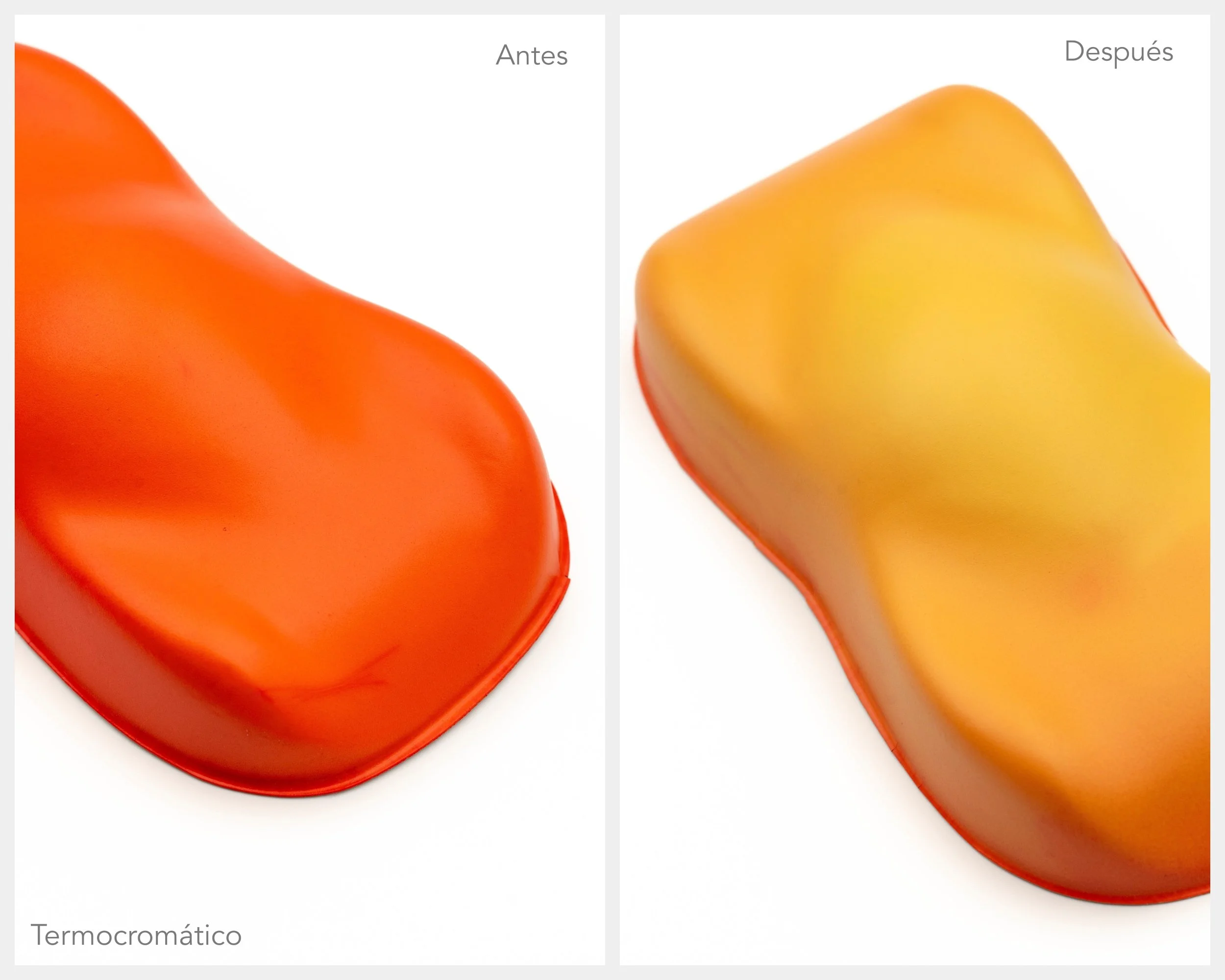 Comparación de un termocromático en estado 'Antes', mostrando una superficie roja y en estado 'Después', mostrando una superficie amarilla con rojo en los bordes.