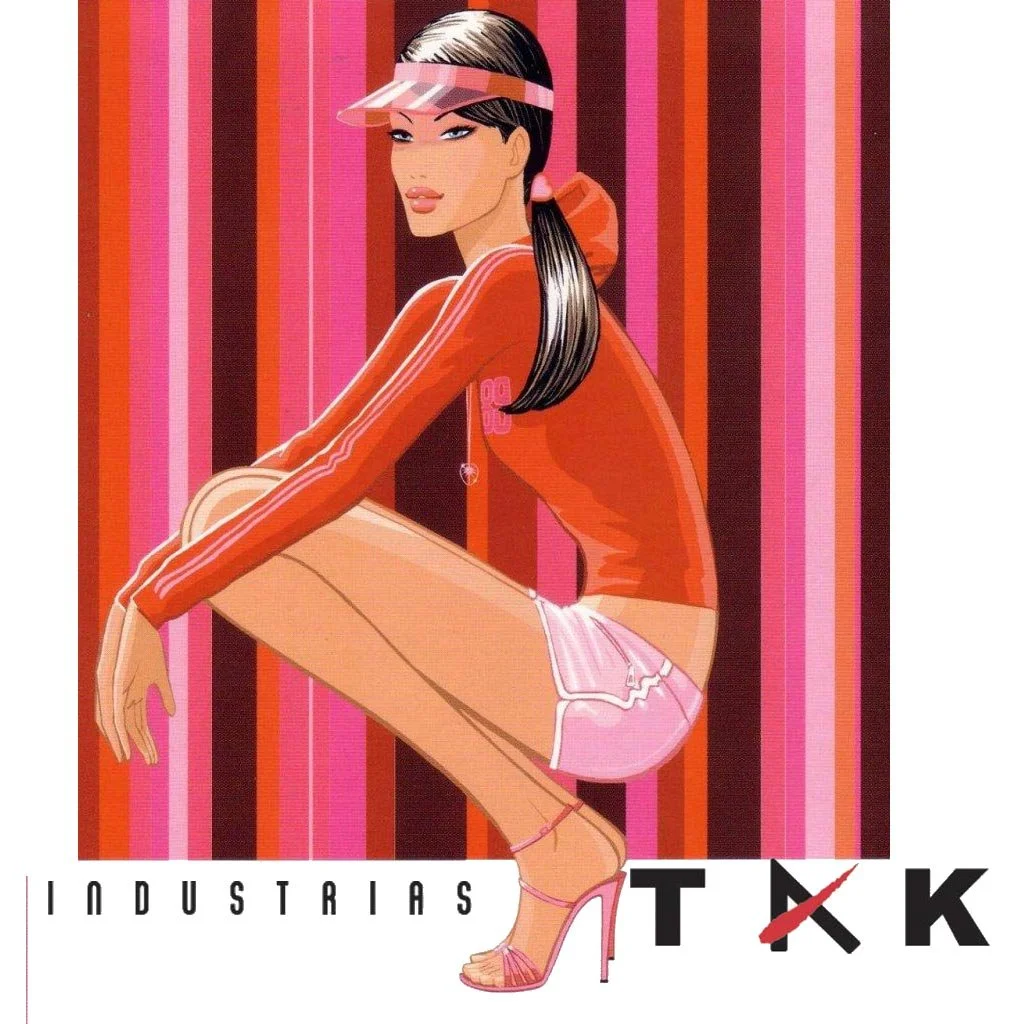 Ilustración de una mujer con ropa deportiva y gafas en un fondo de rayas de colores rosa, rojo y marrón, con la palabra 'IINDUSTRIAS' en la parte inferior y un logotipo con las letras 'T K K' en la esquina derecha.