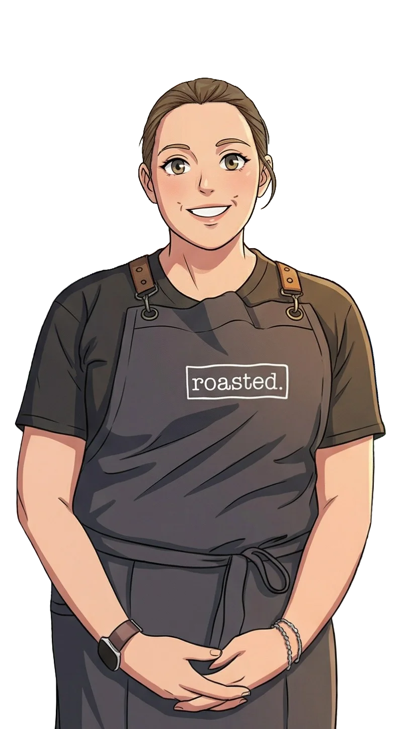 A woman with light brown hair smiling, wearing a dark apron with the word 'roasted.' on it, standing with hands clasped in front of her.