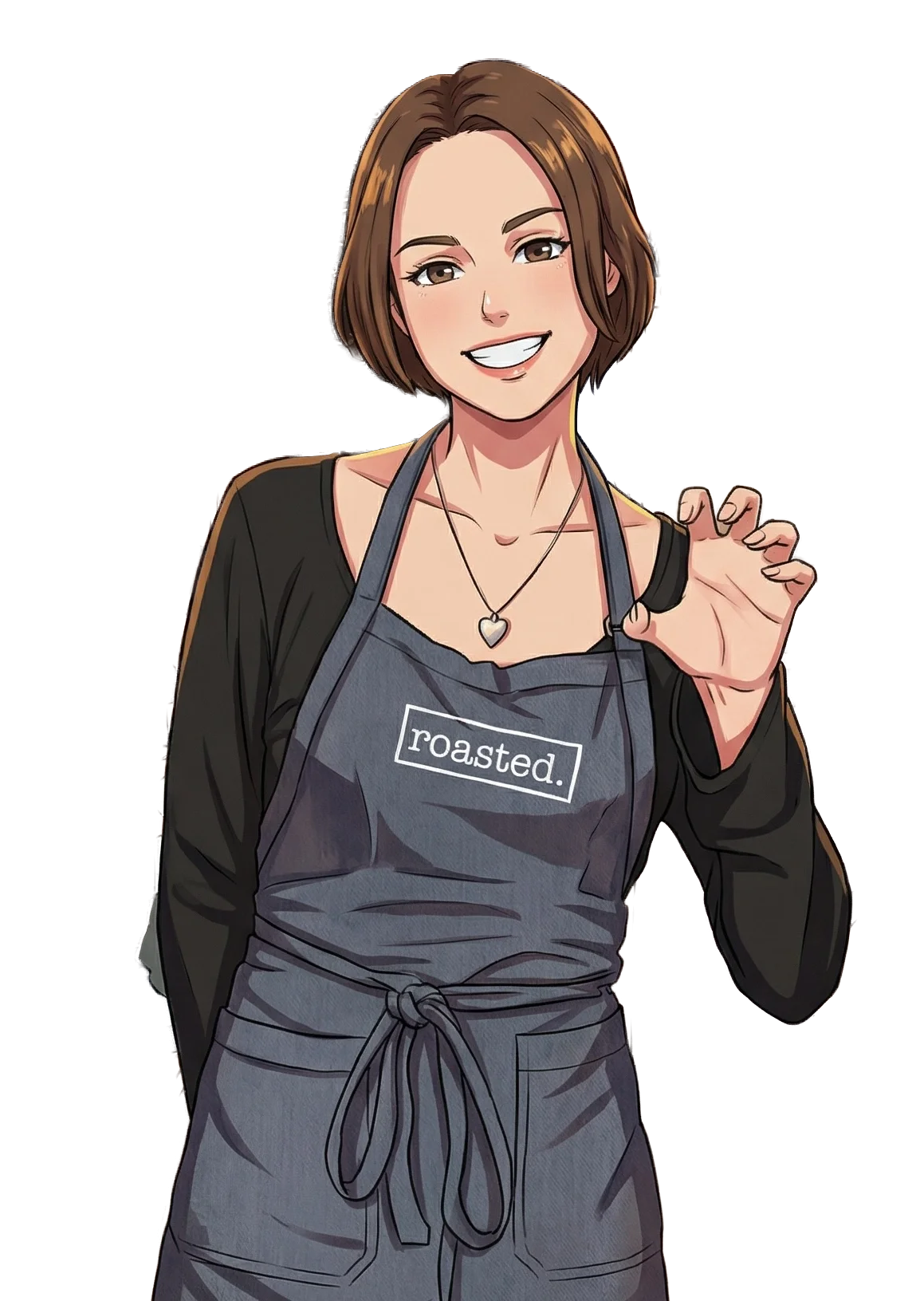 A smiling woman with short brown hair wearing a black shirt and a gray apron that says "roasted."