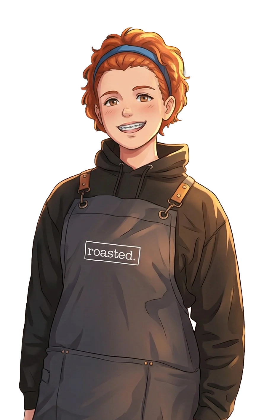 A young person with curly red hair, wearing a blue headband, black hoodie, and a gray apron with the word 'roasted.' on it, smiling with braces.