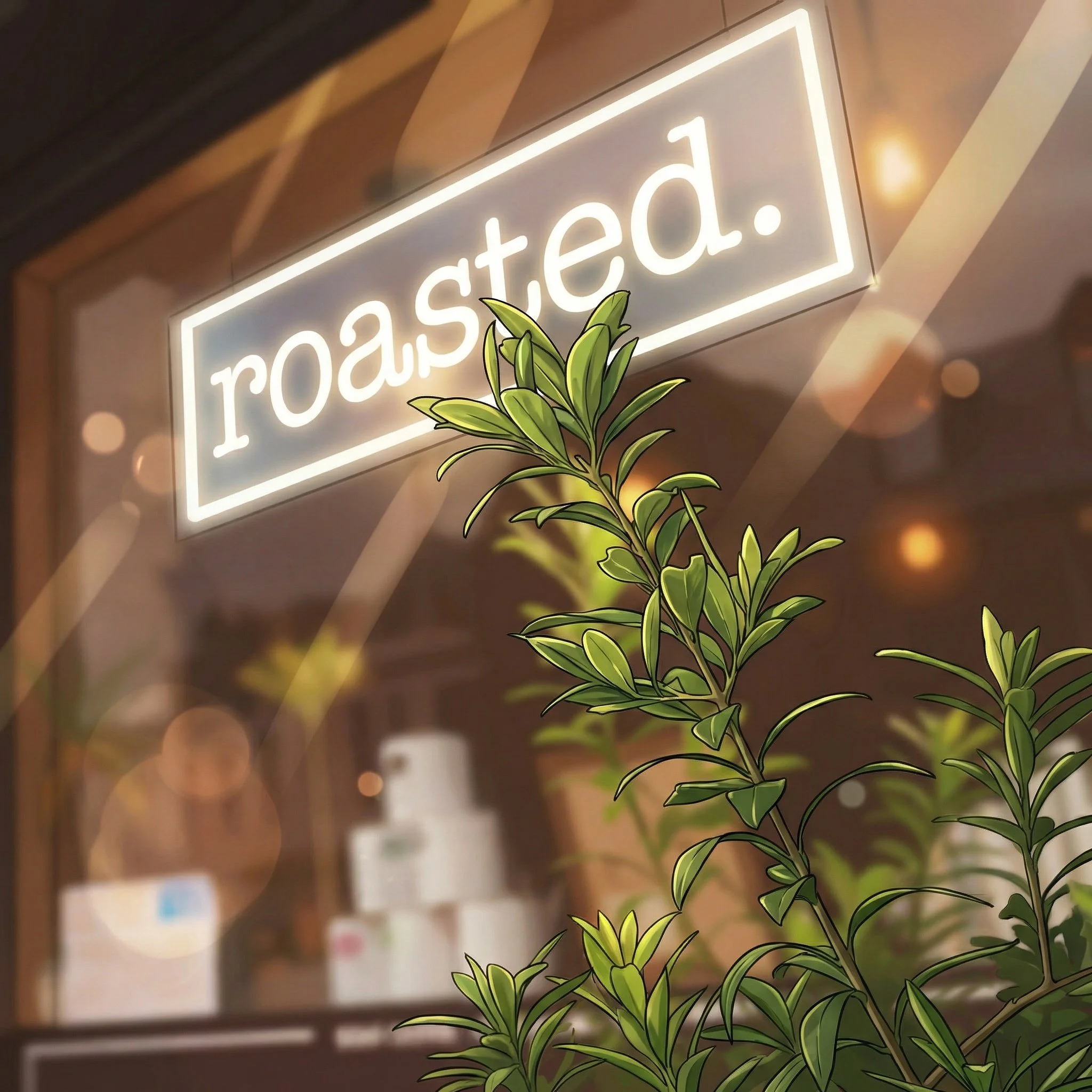 A neon sign that reads 'roasted.' seen through a window with greenery in the foreground, likely outside a cafe or restaurant.