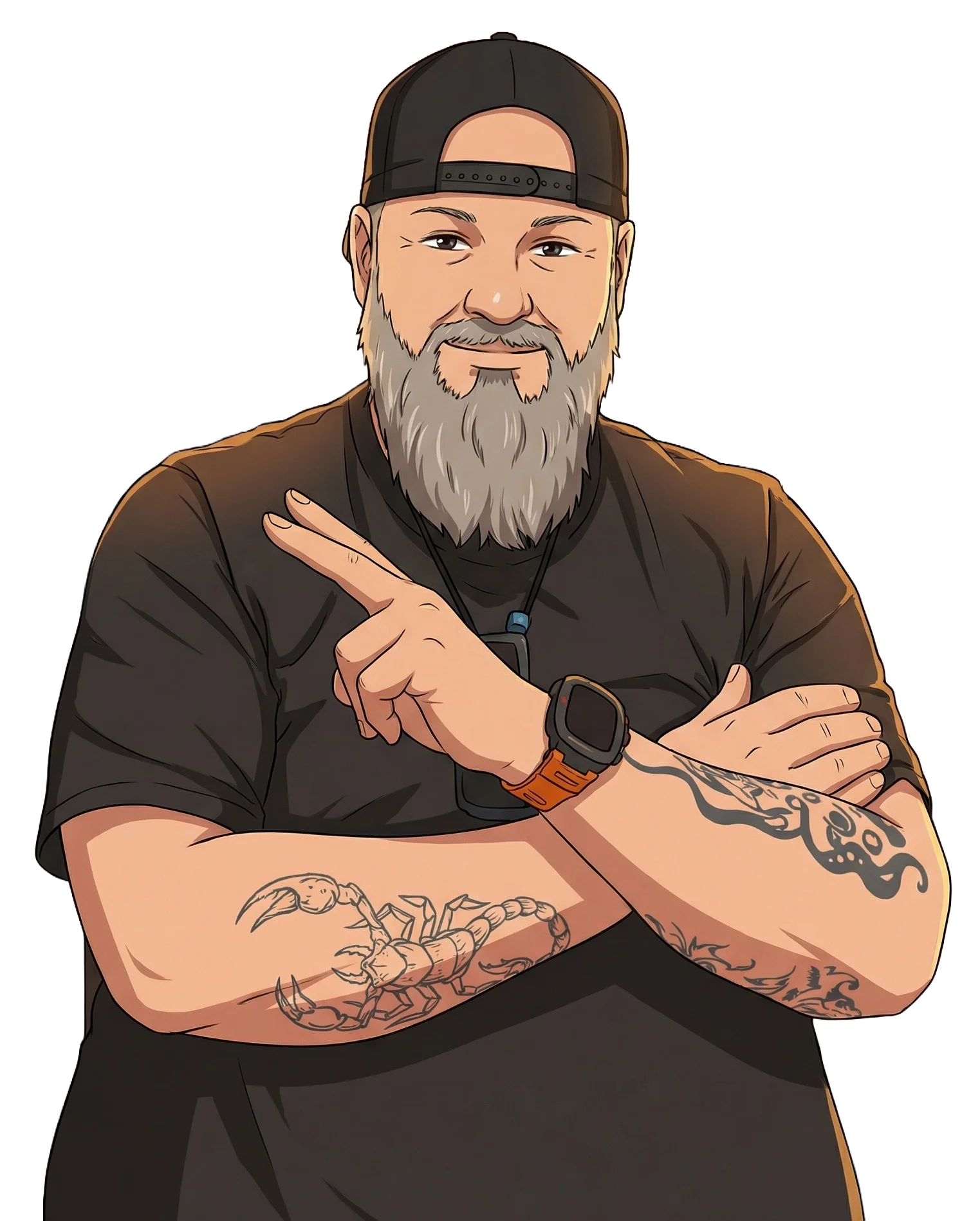Cartoon illustration of a bearded man wearing a black cap backwards, a black shirt, a smartwatch on his left wrist, and tattoos of a scorpion and tribal designs on his arms. He is crossing his arms and pointing his right index finger to the side.