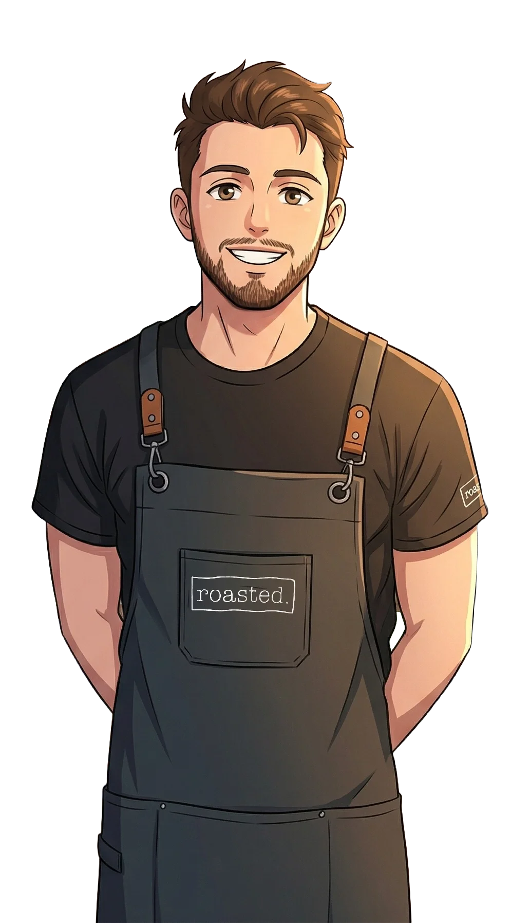 Digital illustration of a smiling man with brown hair and a beard, wearing a black t-shirt and a black apron with the label "roasted." It appears to be a friendly portrait, possibly of a barista or chef.