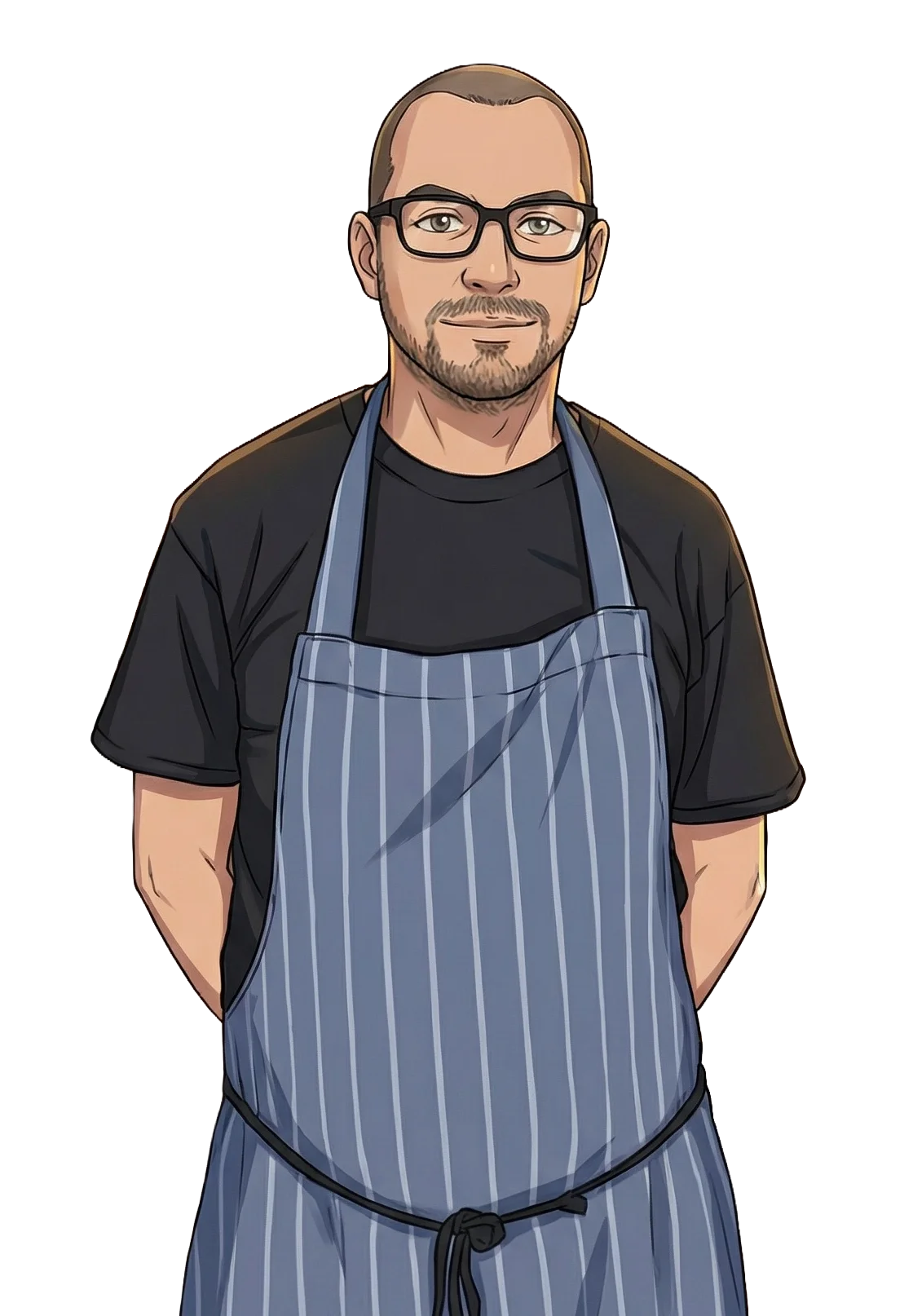 Illustration of a man with glasses, a beard, and short hair, wearing a black t-shirt and a blue striped apron, standing against a background with brown horizontal lines.
