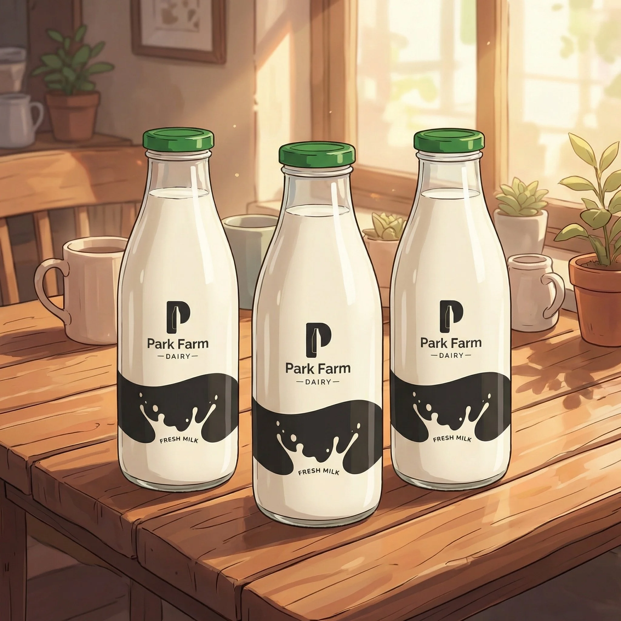 Three bottles of fresh milk on a wooden table in a sunlit room with potted plants and mugs in the background.