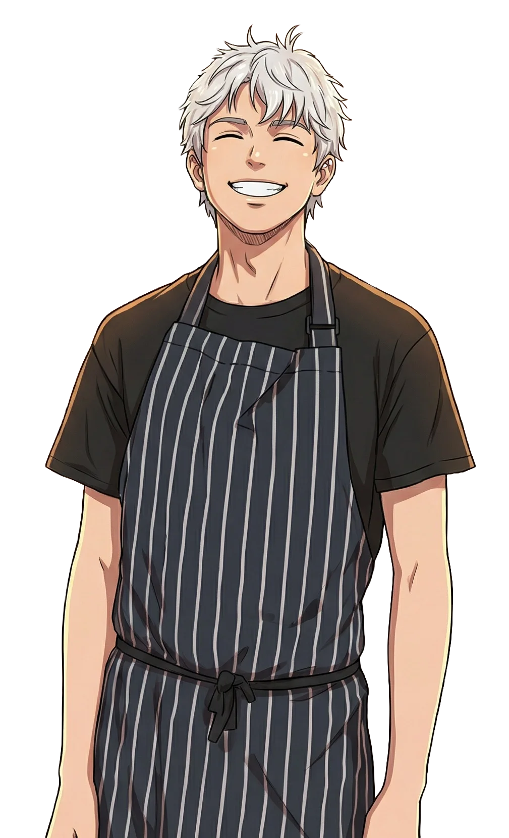 An animated character with light gray hair smiling, wearing a black t-shirt and a striped apron, standing in front of a wooden background.