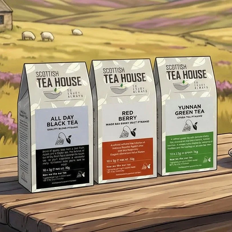 Three boxes of Scottish Tea House herbal tea on a wooden surface outdoors with a field background, sheep grazing in the distance. The boxes feature different tea flavors: All Day Black Tea, Red Berry, and Yunnan Green Tea.