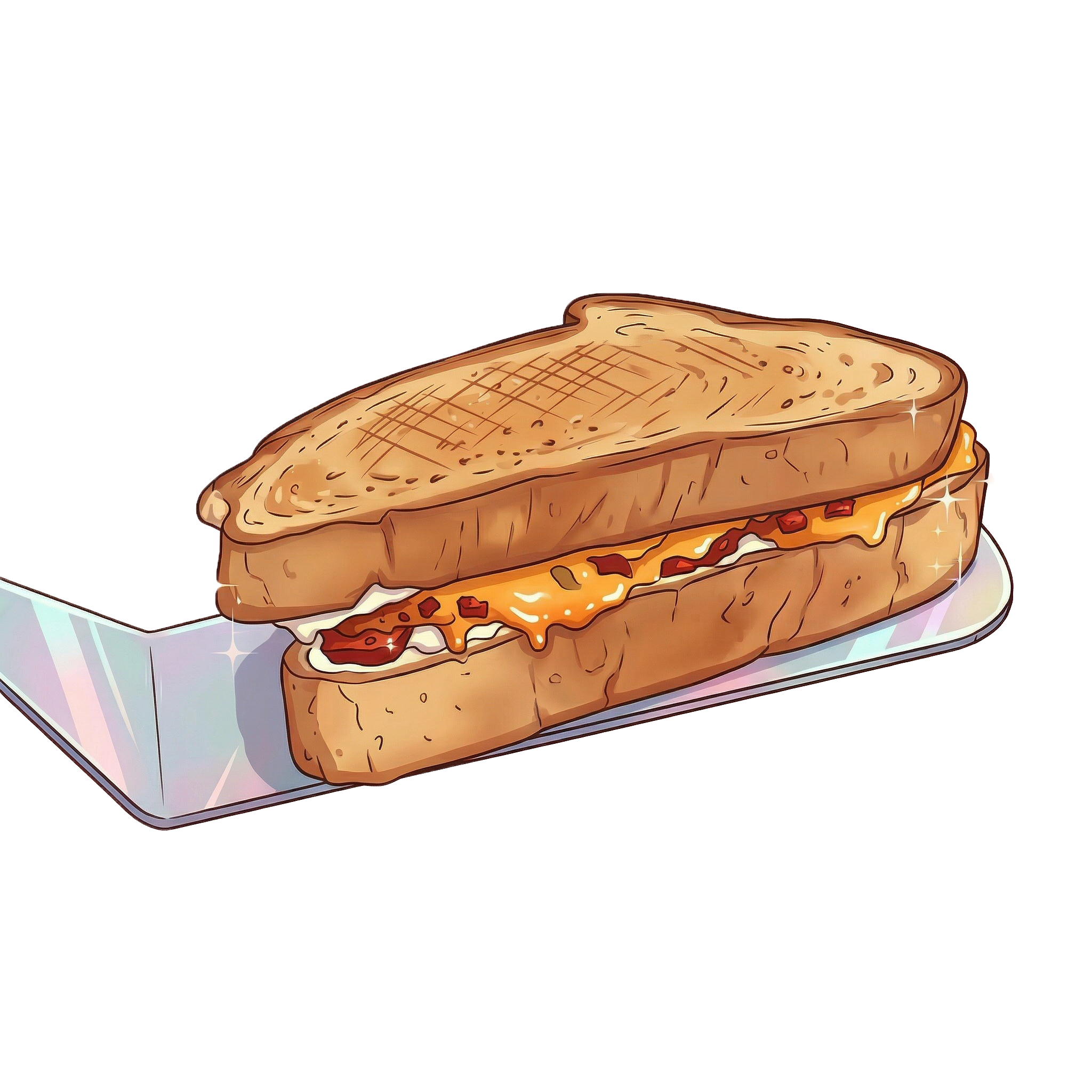 Illustration of a toasted sandwich with crispy bacon, melted cheese, and sauce, on a piece of white parchment paper.