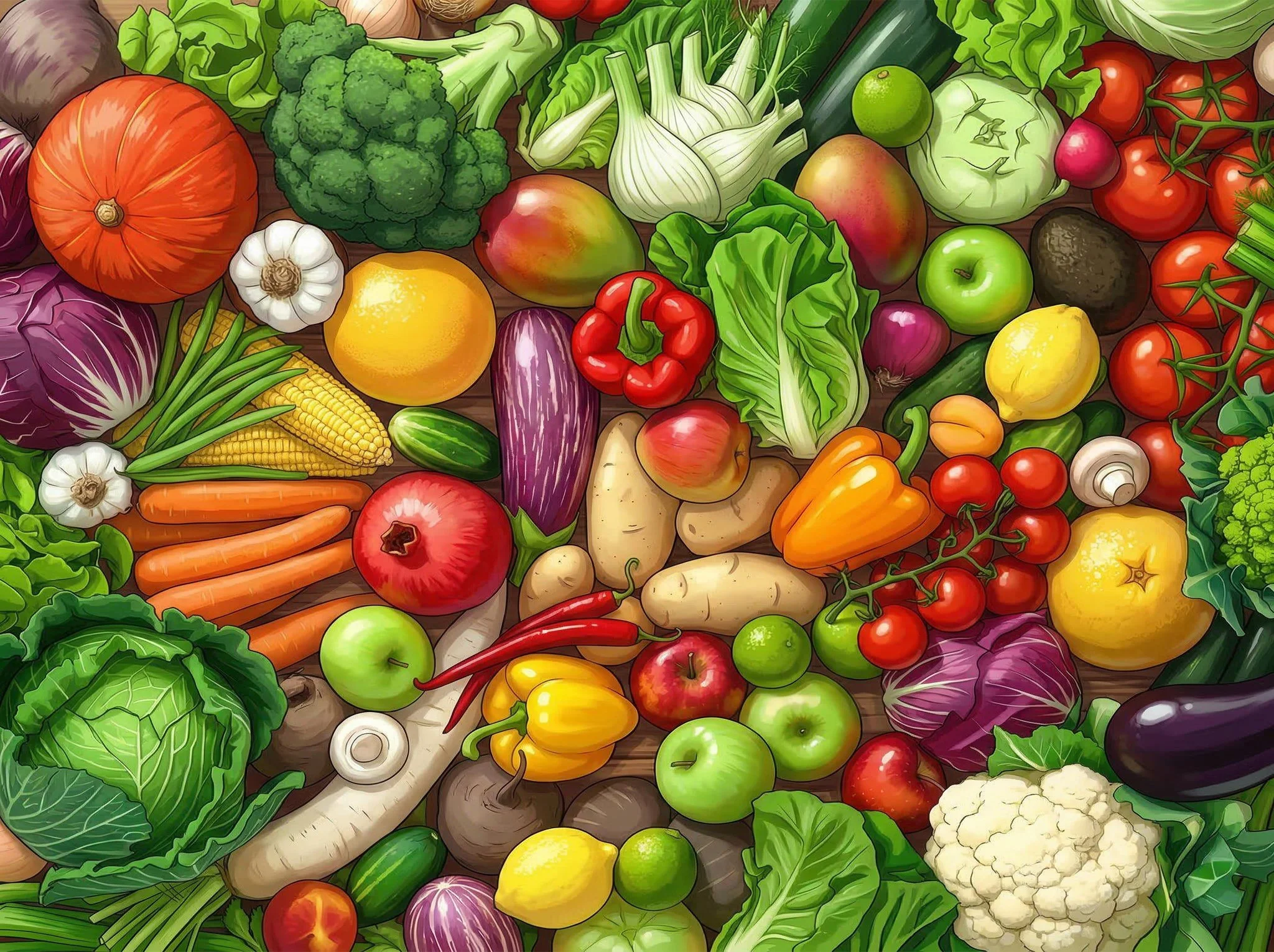 A colorful array of assorted vegetables including pumpkins, broccoli, garlic, lemons, carrots, cabbage, eggplant, peppers, radishes, tomatoes, cauliflower, and various greens spread out on a wooden surface.
