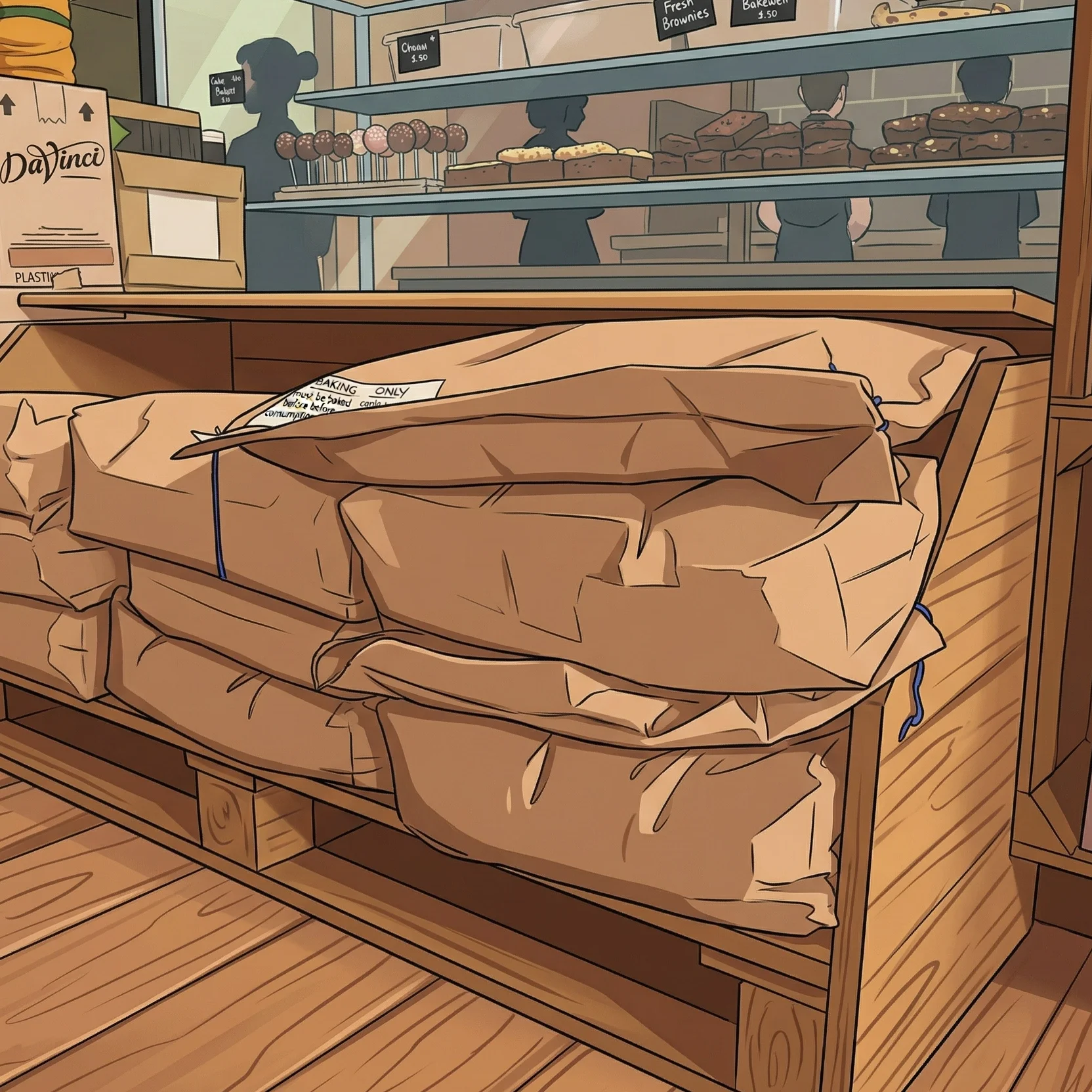 Two bags of strong baker's flour on a wooden counter, with a salad bar in the background.