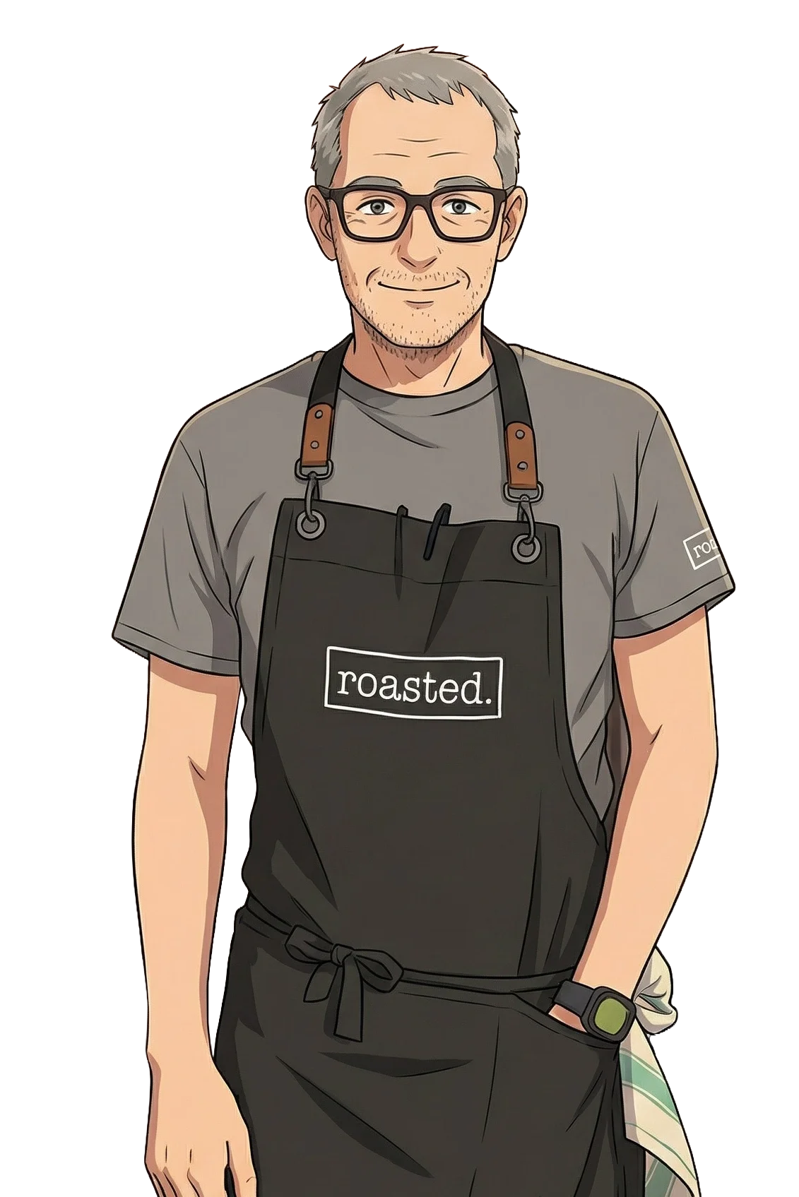 Cartoon of a man wearing glasses, a gray t-shirt, and a black apron with 'roasted.' written on it, standing in front of a blurred background.