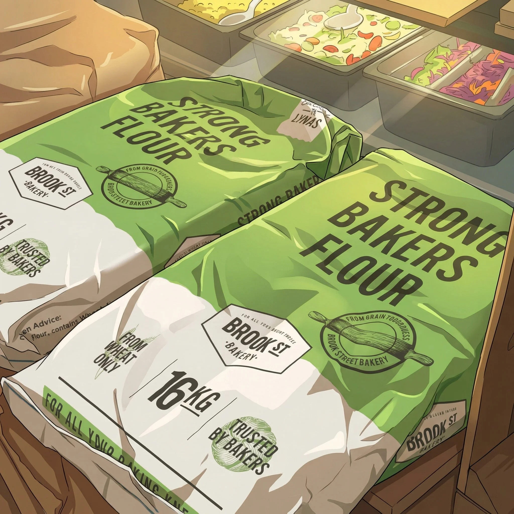 Two bags of strong baker's flour on a wooden counter, with a salad bar in the background.