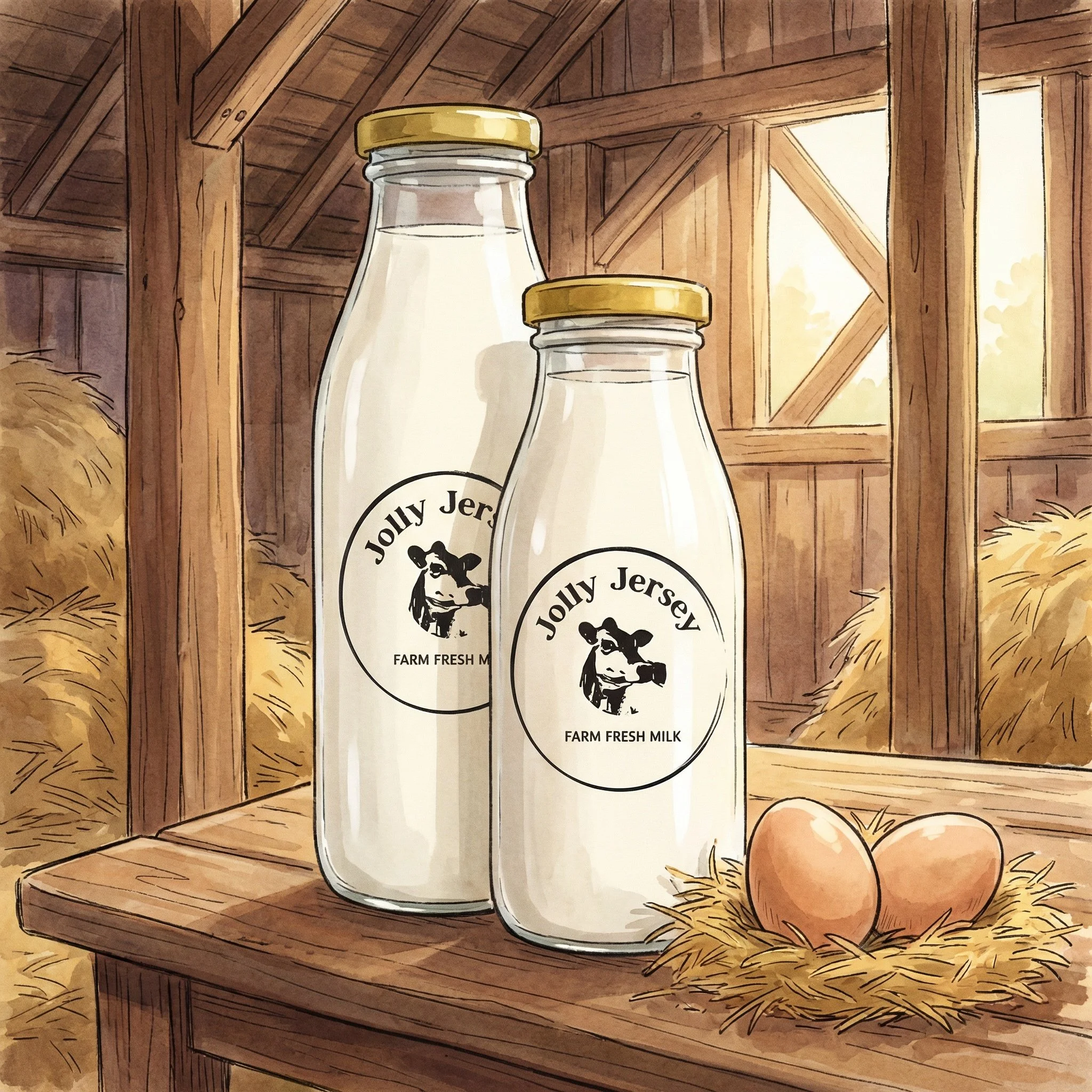 Illustration of farm fresh milk bottles and eggs inside a barn with hay bales in the background