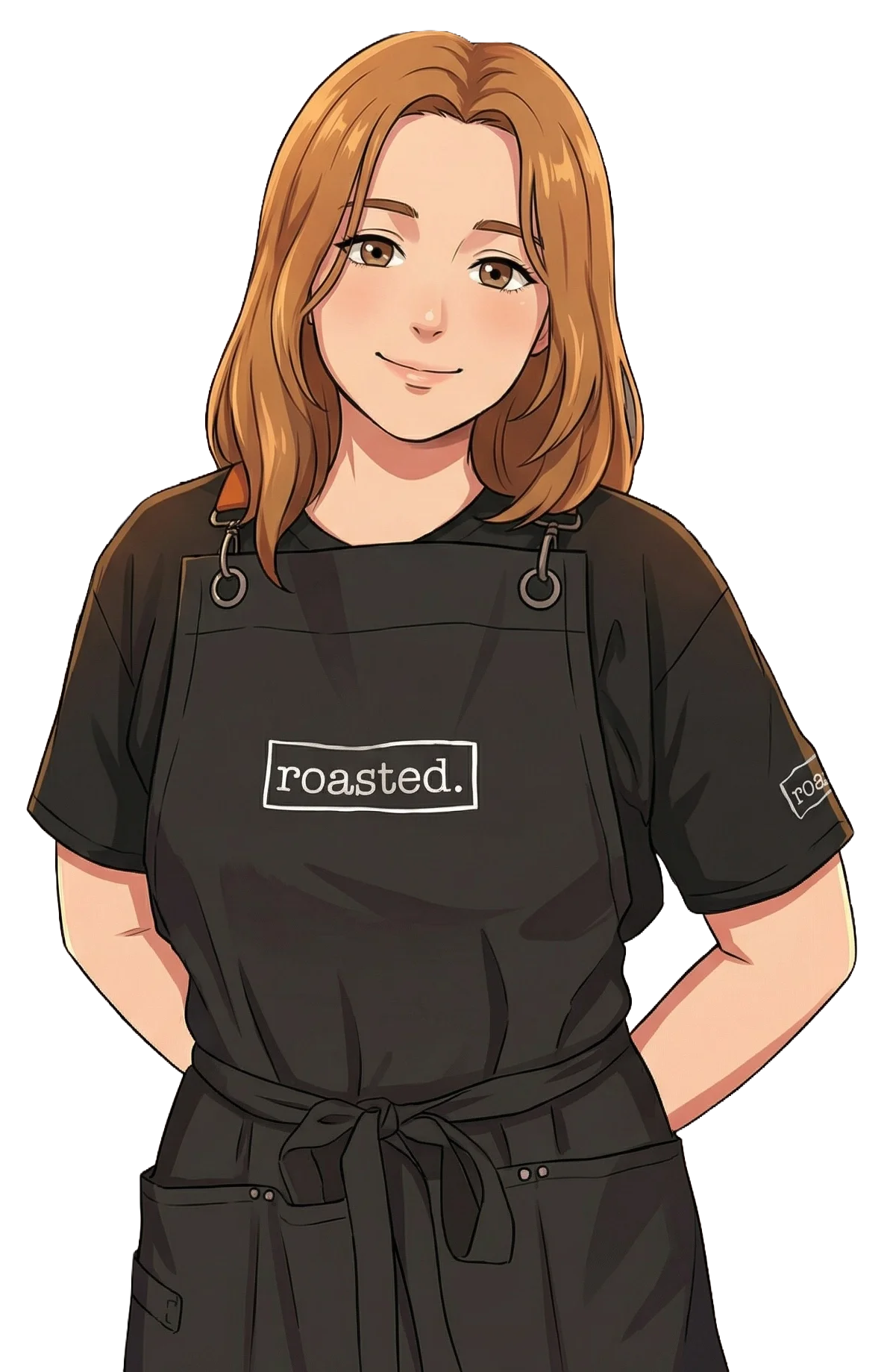 Illustration of a woman with shoulder-length brown hair wearing a black apron with the word 'roasted.' on the front, standing with her hands behind her back.