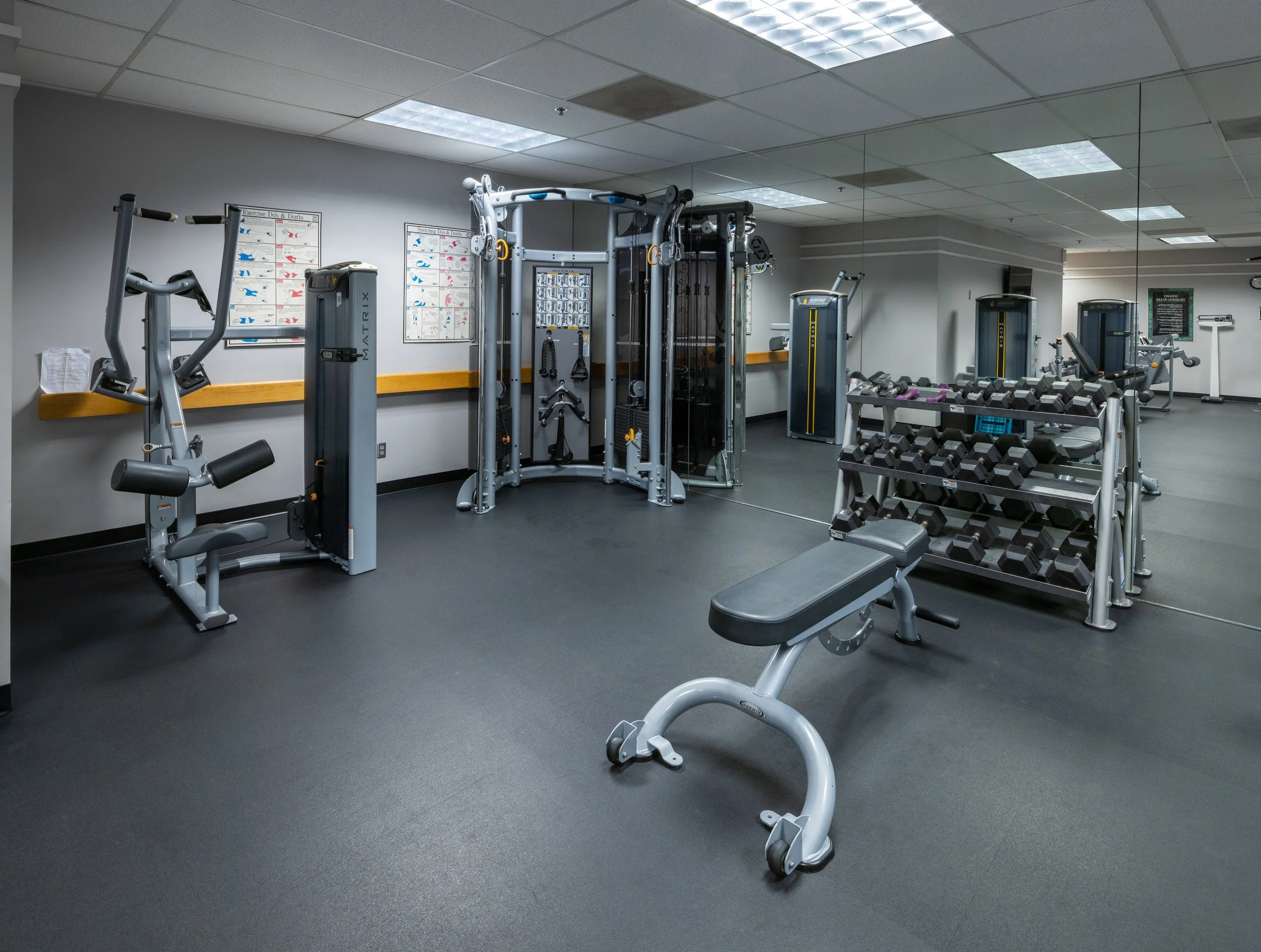 Empty gym with exercise equipment including dumbbells, weight machines, and benches, with mirrors on the wall and plastic ceiling tiles.