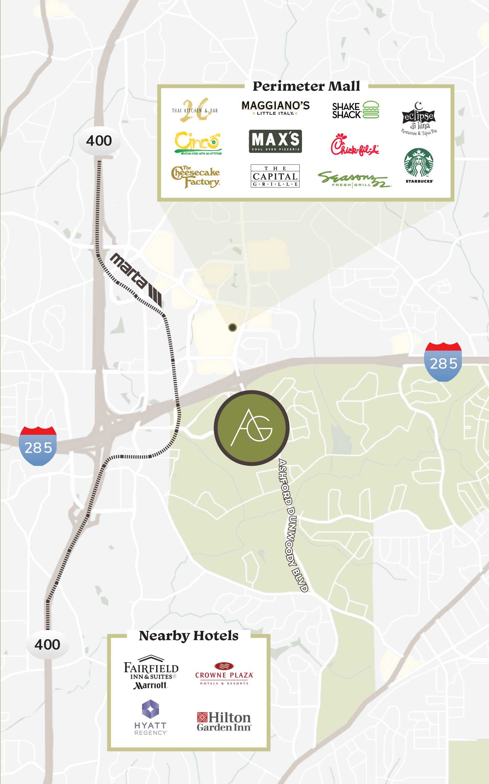 Map showing various restaurants and hotels near the 400 highway, including Perimeter Mall restaurants like Cinco Mexican Food and Starbucks, and nearby hotels such as Fairfield Inn & Suites, Holiday Inn, Hilton Garden Inn, and others.