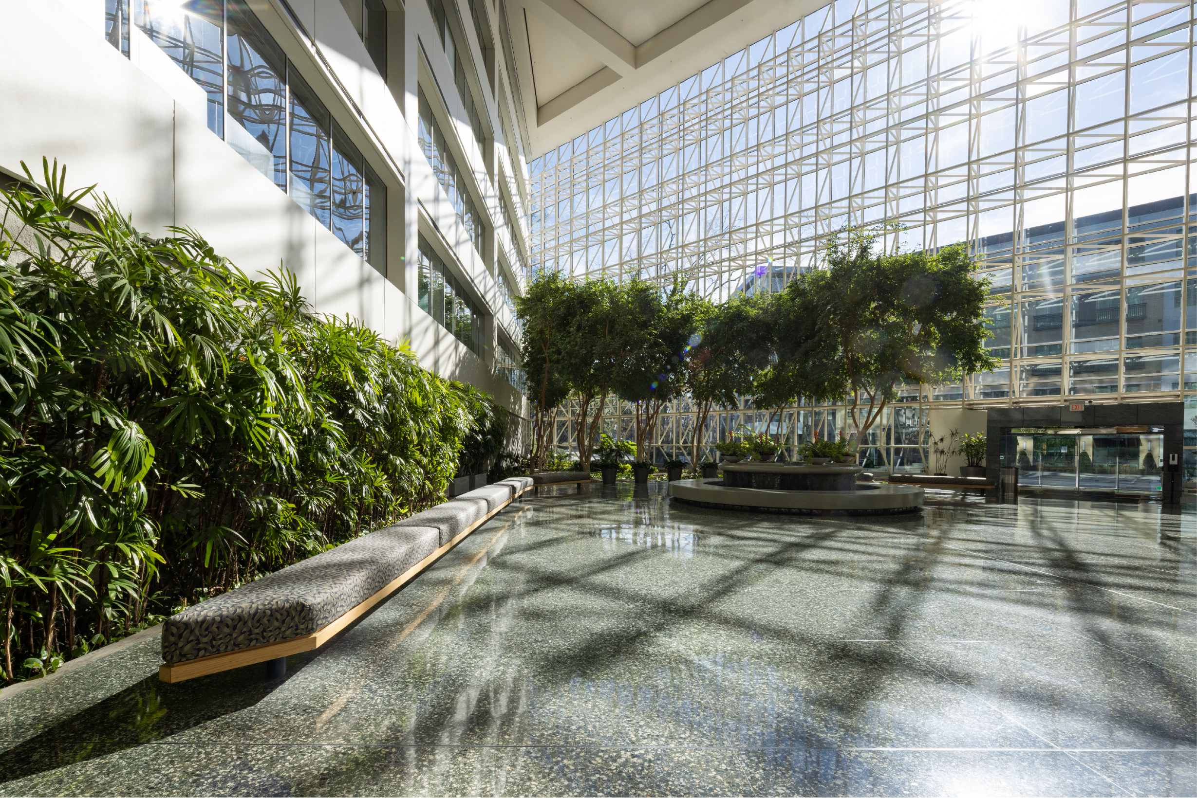 Interior view of a modern building with large glass walls, indoor plants, and benches on a shiny terrazzo floor, with sunlight streaming through the glass ceiling.