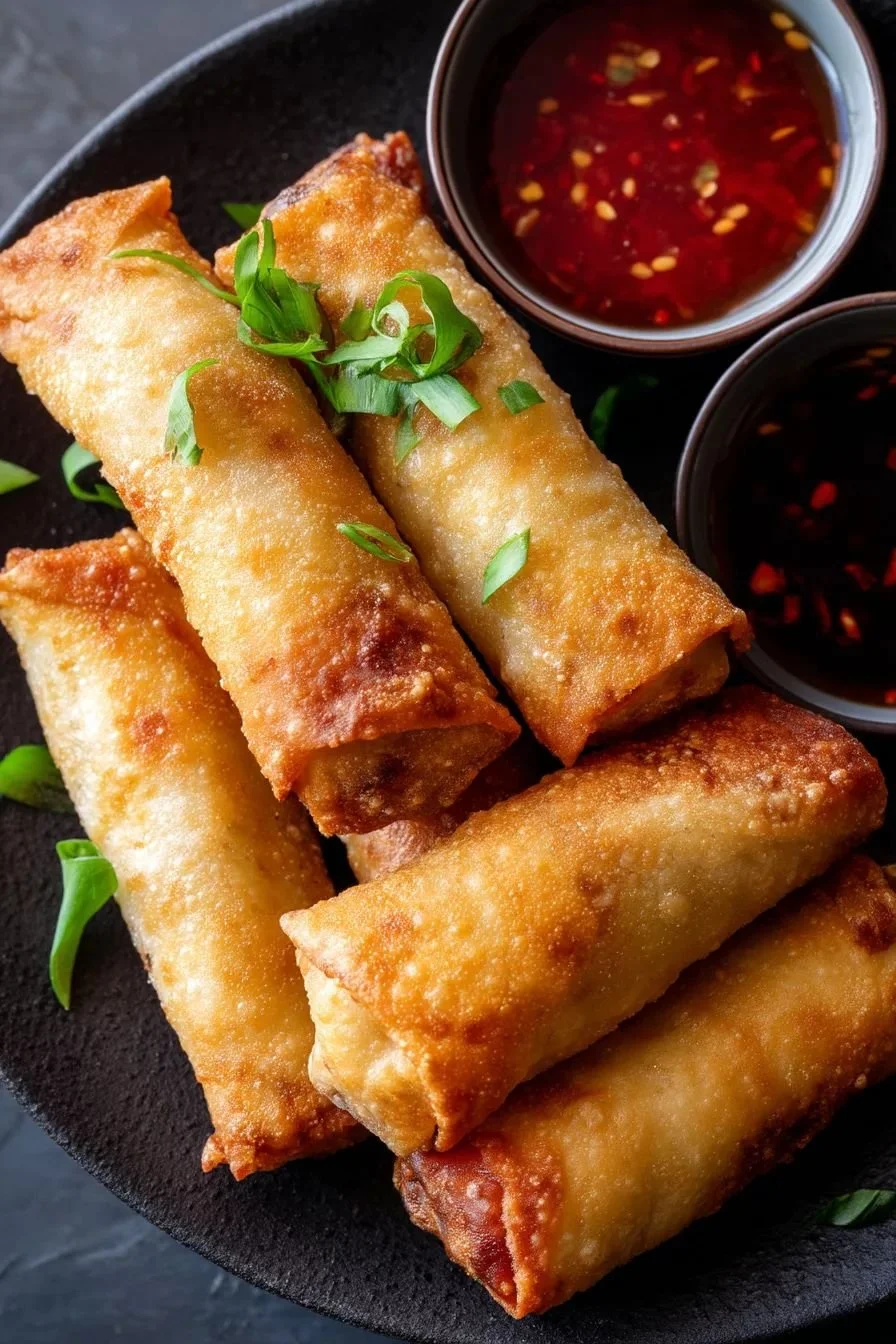 Rolinhos de primavera fritos com molho de soja e molho de pimenta sobre prato preto