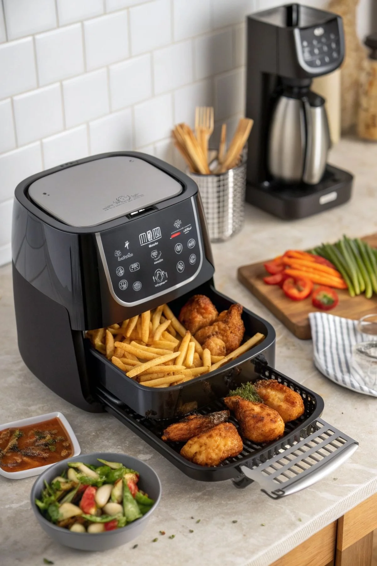 Uma airfryer preta sobre uma superfície de cozinha, com alimentos fritos e acompanhamentos ao redor, incluindo uma salada e molho, em um ambiente de cozinha com utensílios e ingredientes na bancada.