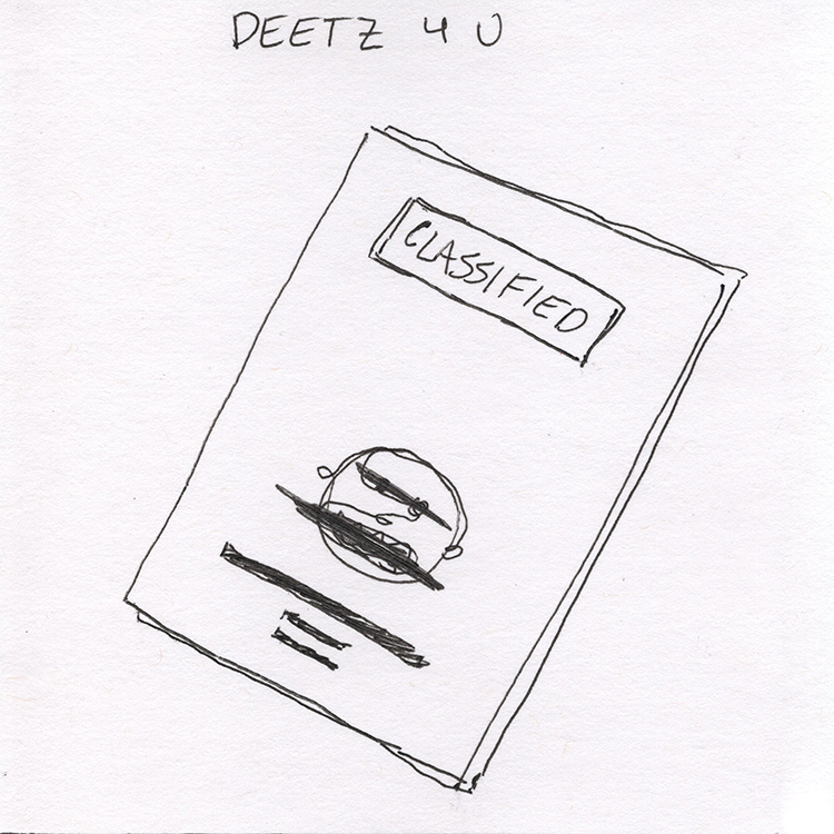 Hand-drawn sketch of a classified document with a large stamp marked "CLASSIFIED" on the cover, and some scribbled lines and symbols.