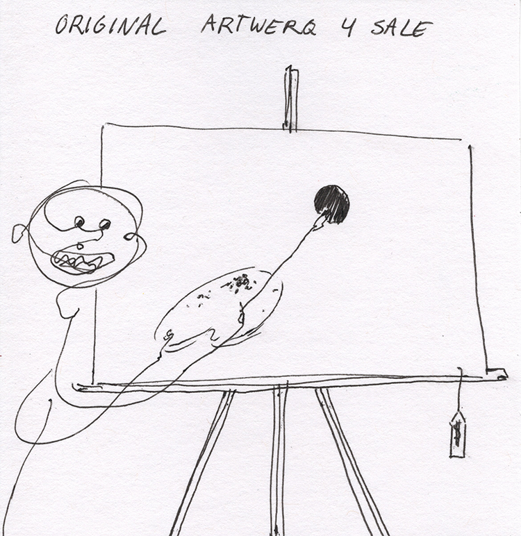 A childlike drawing of a person with a big head and a smiling face next to an easel with a painting of a dog. The text above reads 'Original Artwork for Sale'.