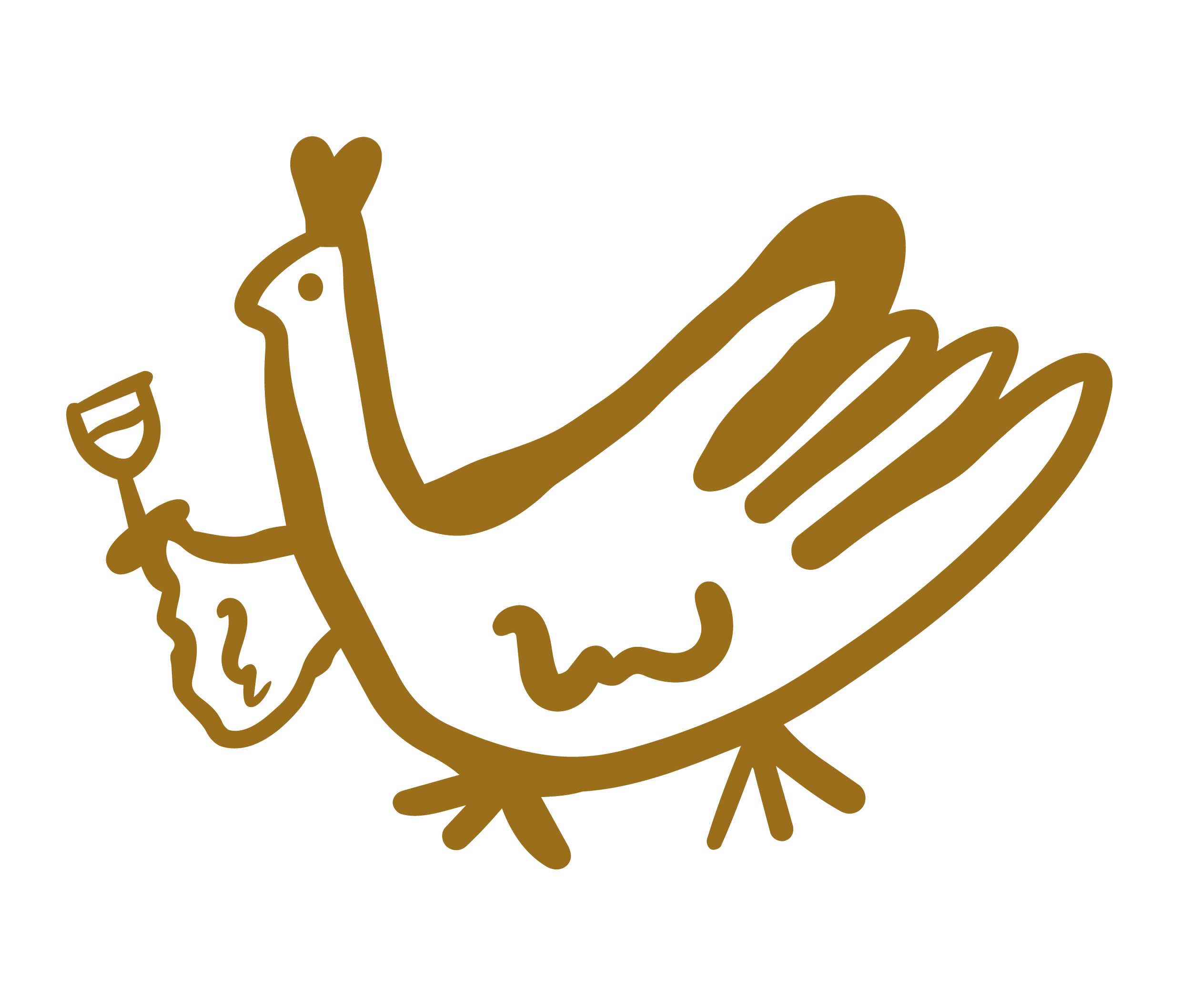 Gold-colored chicken and wine glass illustration with cursive writing