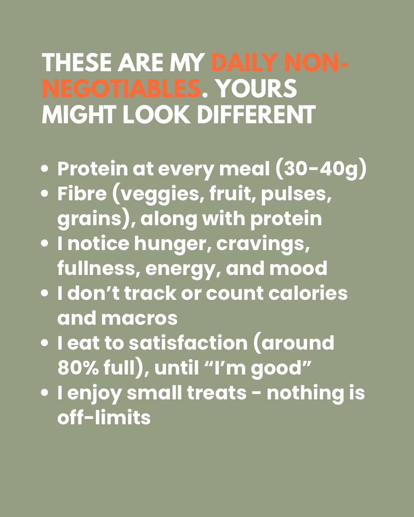I&rsquo;ve shared this before, but it&rsquo;s worth repeating. Not because it&rsquo;s the latest trend, but because it&rsquo;s sustainable.

No calorie counting, no food rules, no &ldquo;on or off&rdquo; days. Just paying attention, eating enough, an