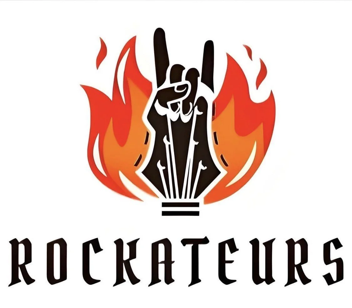 A stylized black hand making the rock and roll sign, with red and orange flames behind it, and the word 'ROCKATEURS' written below.
