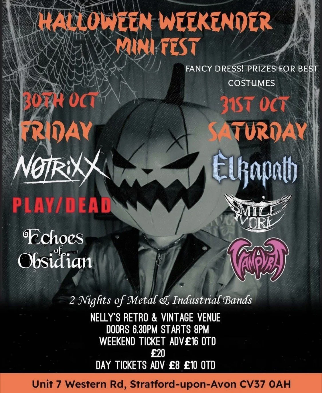 Halloween-themed event poster featuring a large Jack-o'-lantern with a spooky face and a witch hat, cobwebs in the background, and details of a mini festival held on October 30th and 31st at Nelly's Retro & Vintage Venue, Stratford-upon-Avon, with performances by Notrixx, Ekopath, Smile More, Echoes of Obsidian, and Vampyrl.