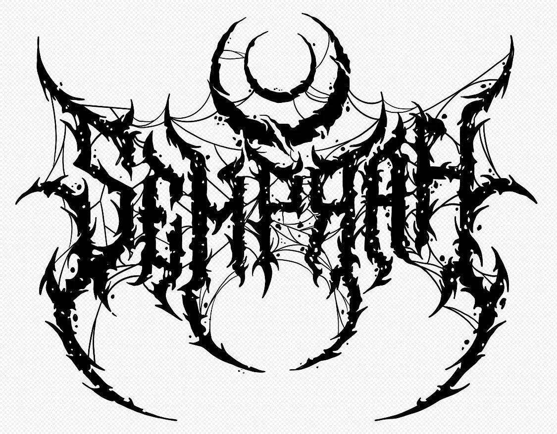 A black and white gothic-style spider web design with intricate sharp lines and a crescent moon at the top.
