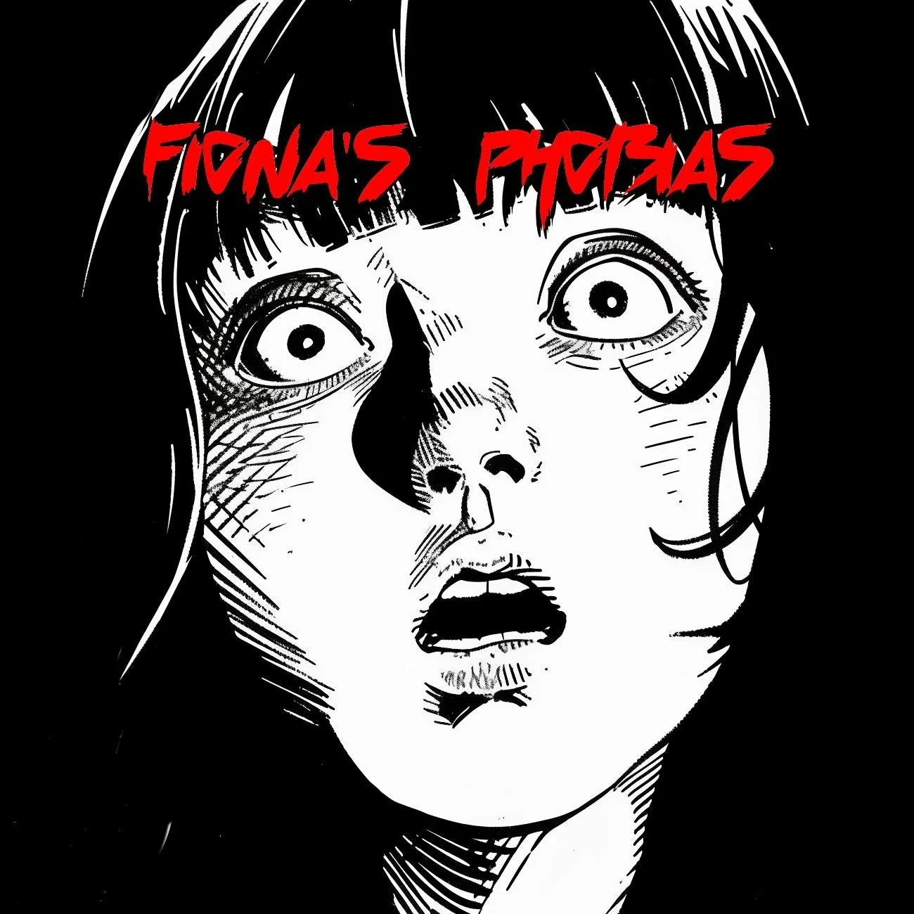 Black and white comic-style illustration of a woman with wide, shocked eyes, parted lips, and dark hair, with red text saying "Fiona's Photos" at the top.