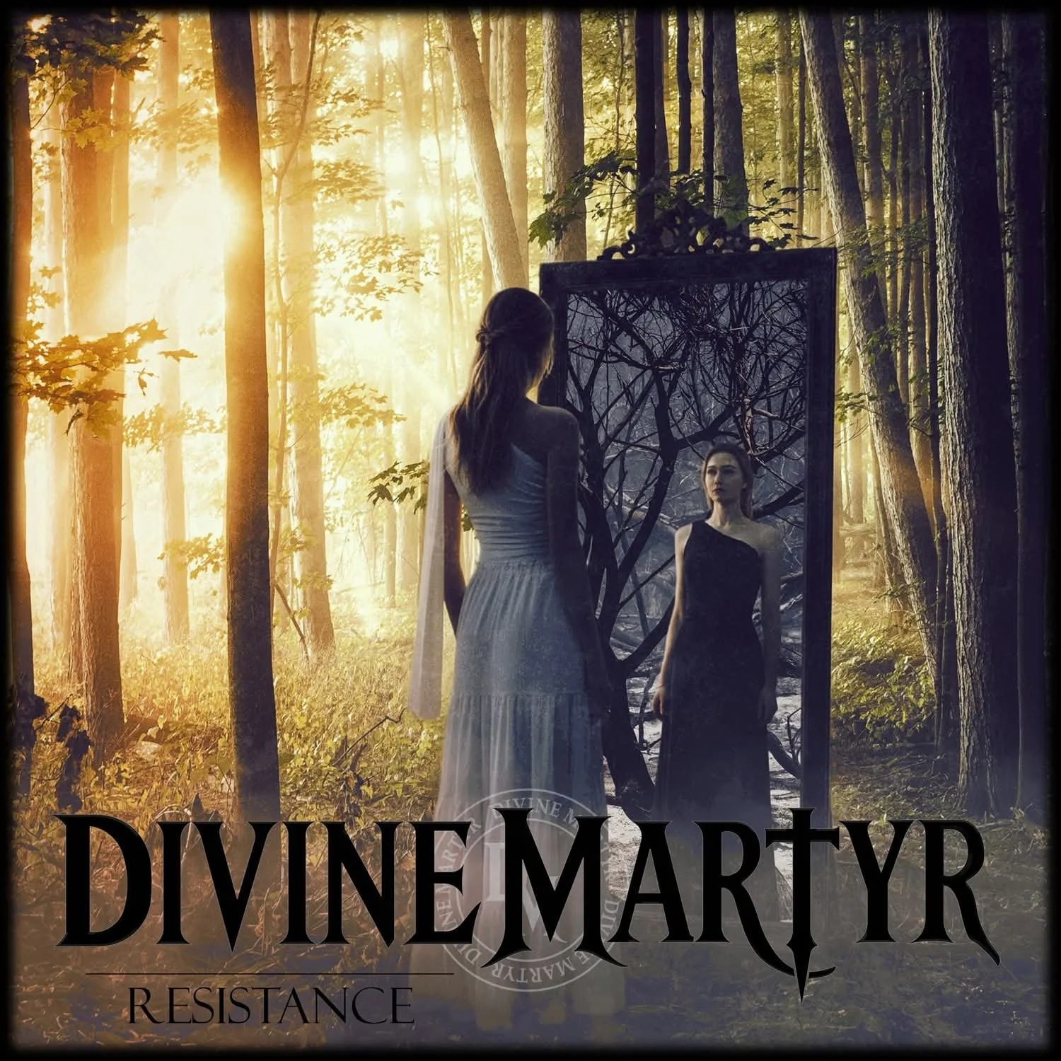 A woman in a white dress looking at her reflection in a mirror in a forest with tall trees and sunlight filtering through the leaves, with the words 'Divine Martyr Resistance' at the bottom.