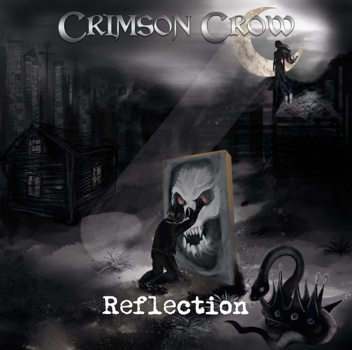 A dark, surreal scene featuring the words 'Crimson Crowd' at the top and 'Reflection' at the bottom. An eerie man is painting a skull on a large canvas in the center. In the background, a woman in a flowing dress sits on a crescent moon in a cloudy night sky, with a shadowy cityscape below. In the foreground, a black swan with a crown on its head is present.