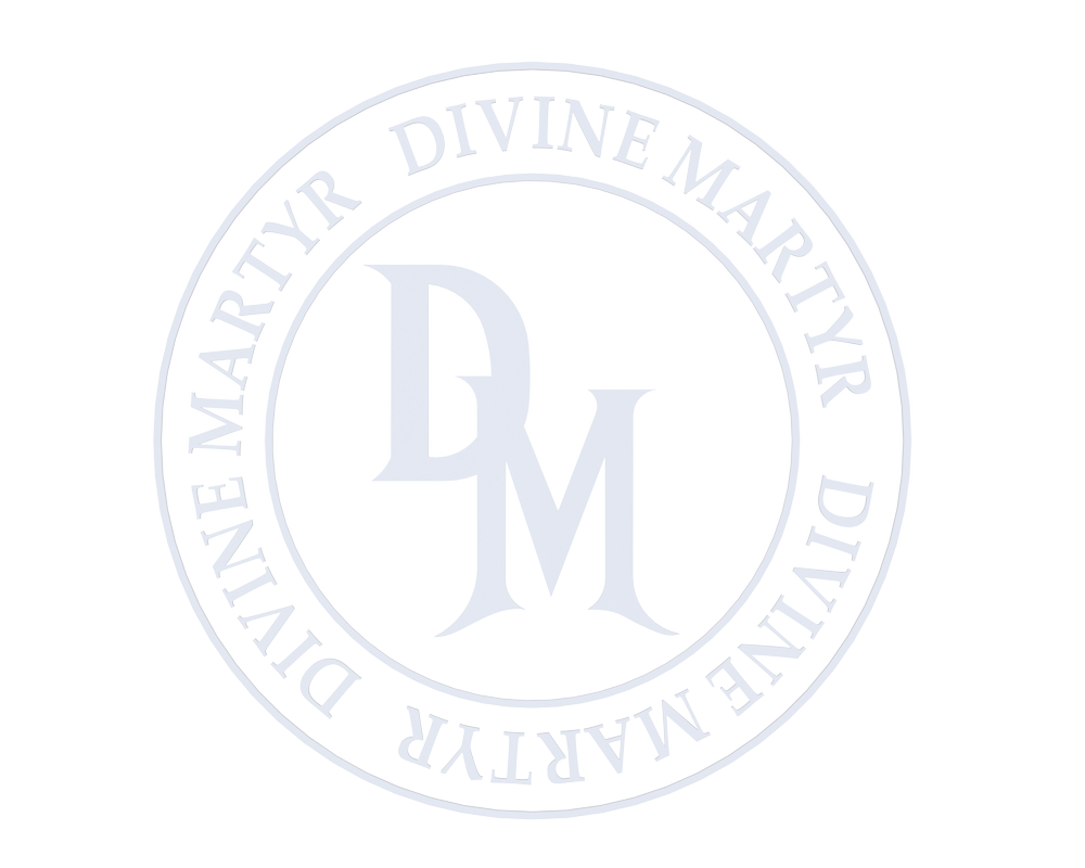 A circular logo with the words 'Divine Martyr' and 'Divine Martyr' written around the border, and the initials 'D M' in the center.