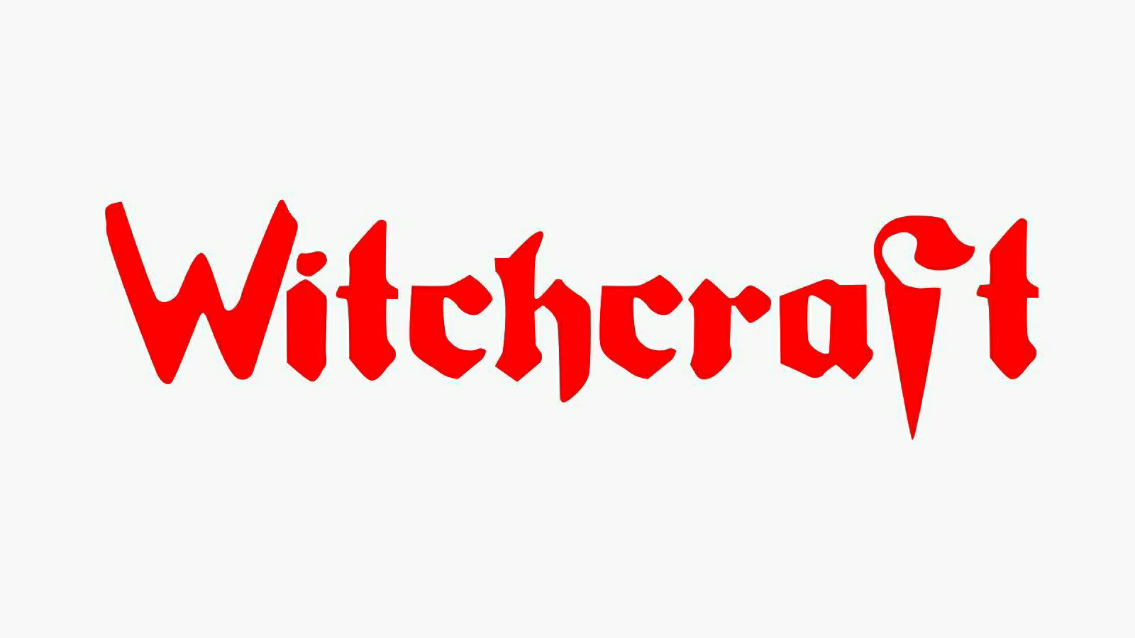 The word 'Witchcraft' written in red, stylized font on a light gray background.