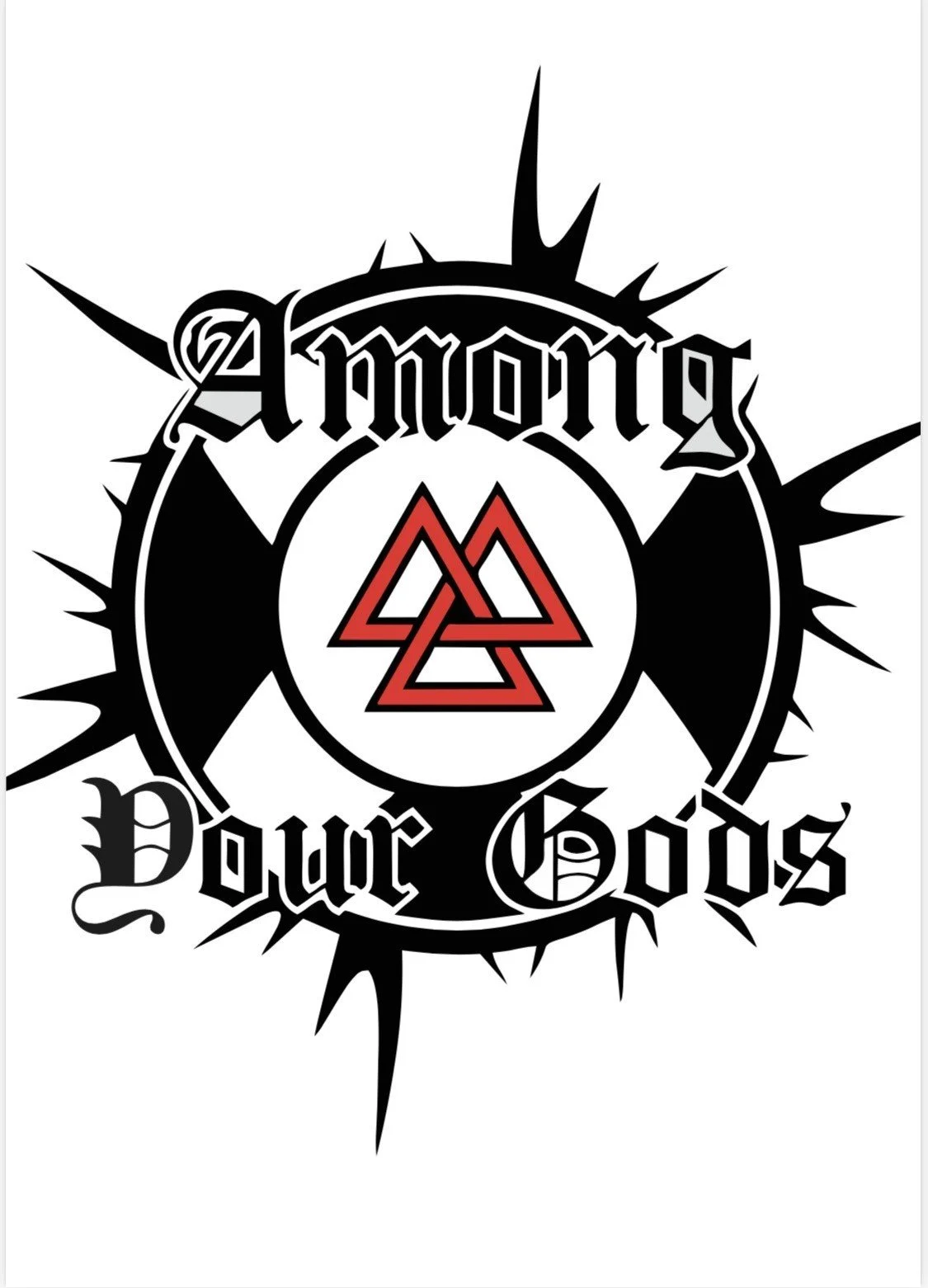 Design with a black and white circular emblem, featuring sharp, spiked edges, the word "Amora" at the top, and "Your Gods" at the bottom, with a central red geometric symbol.