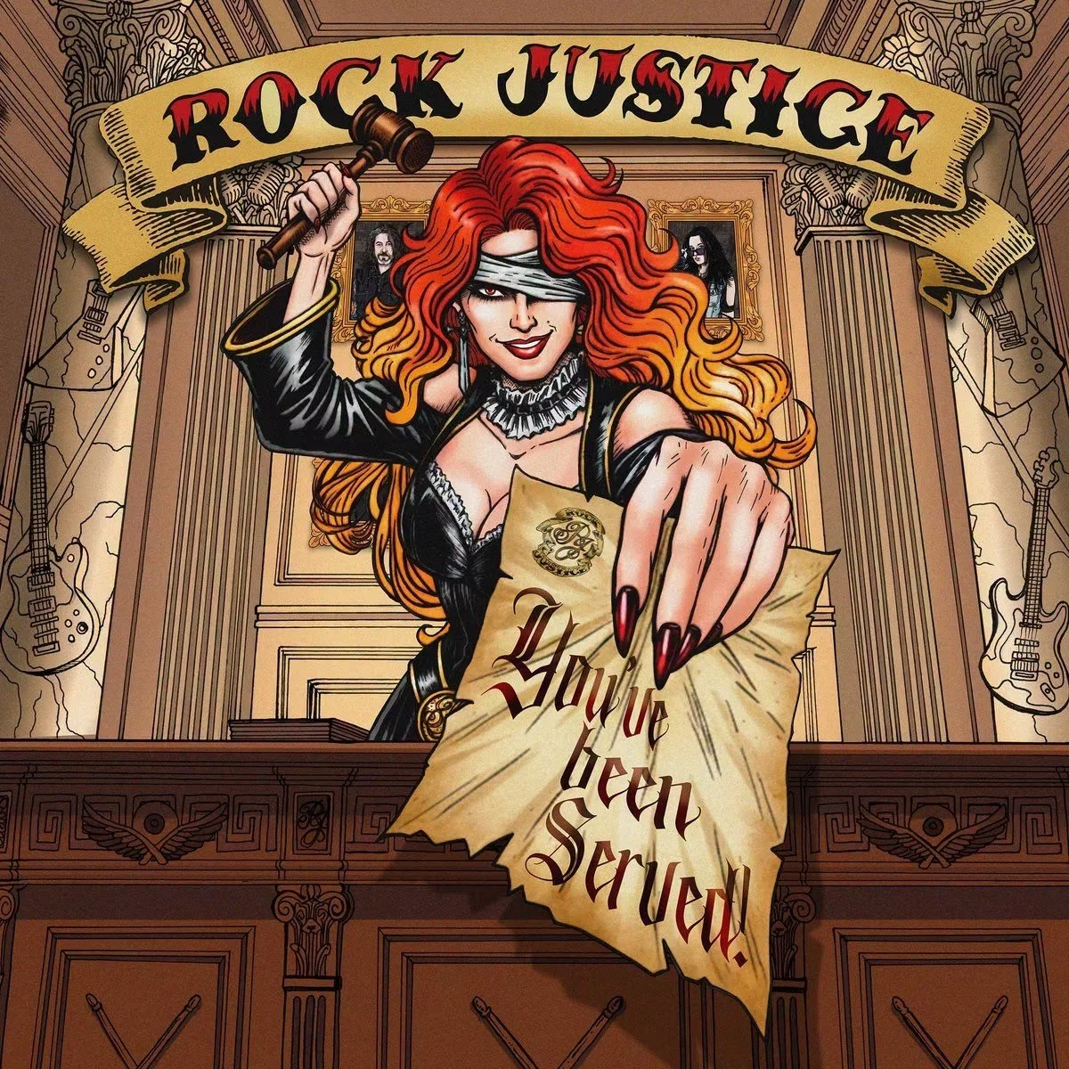 An animated woman with long red hair, wearing a black outfit, coins a ring, and holding a torn paper that says "You've been served!" while in a courtroom with a gavel, guitars, and framed photos in the background.
