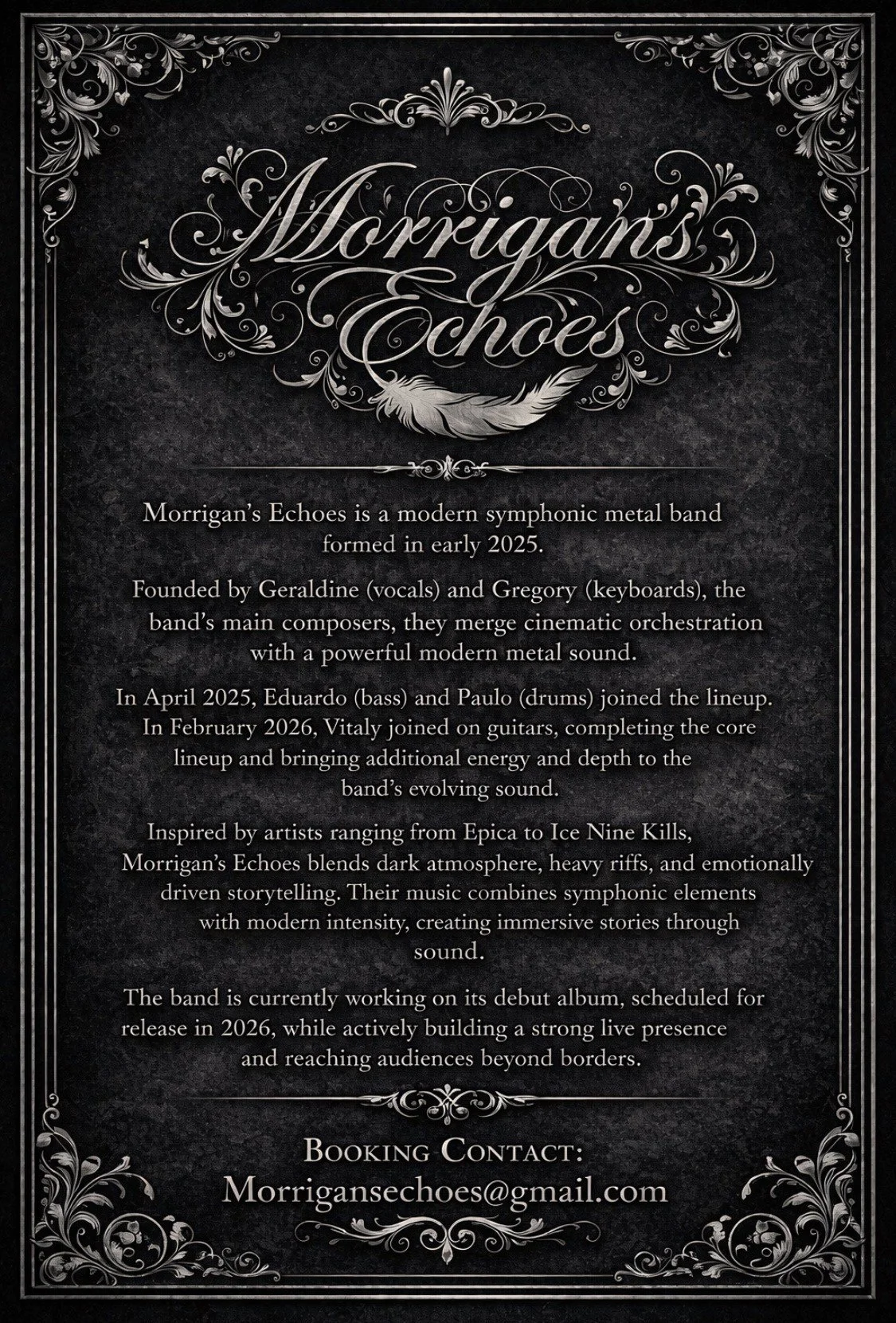 An ornate promotional poster for Morrigan's Echoes, a modern symphonic metal band formed in early 2025, with details about band members, musical style, and upcoming debut album.