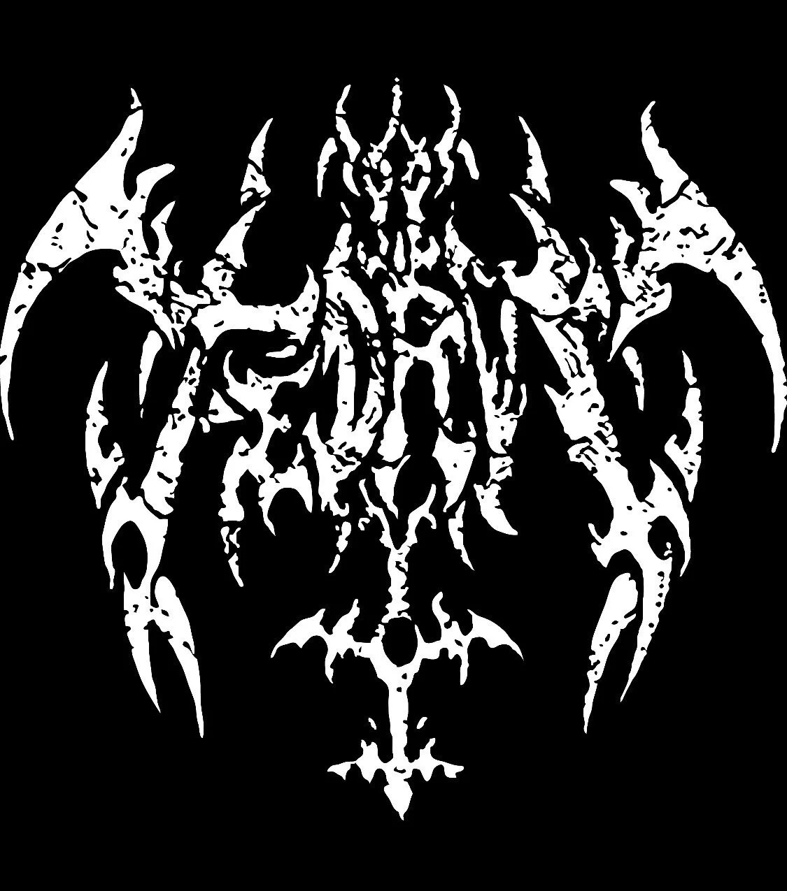 Black and white graphic of a demonic or monstrous face with multiple horns and sharp features.