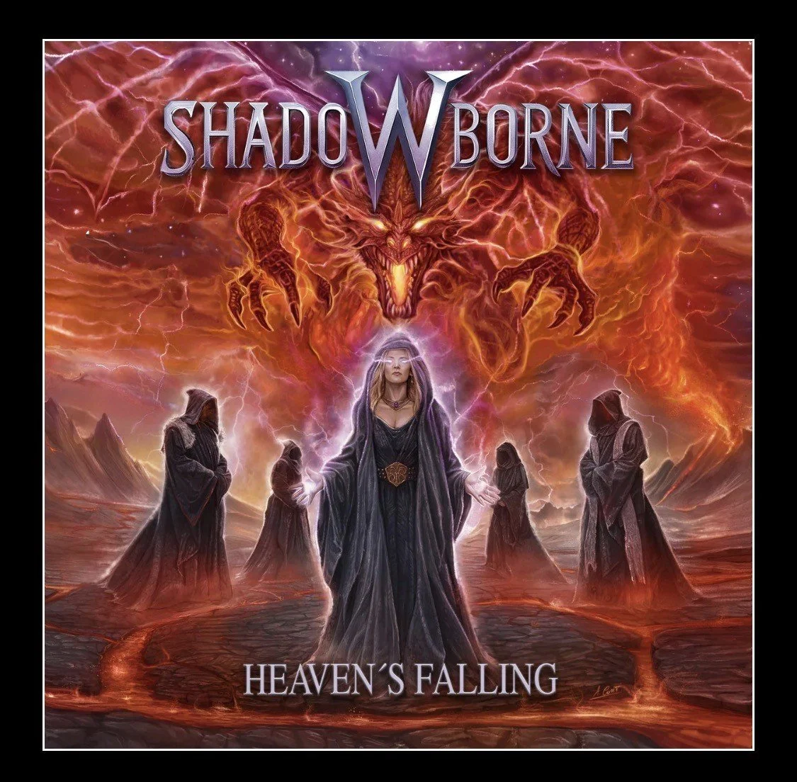 Fantasy artwork featuring a woman in dark robes with glowing hands, surrounded by four hooded figures, with a fiery dragon in the sky above, and the text 'Shadow Worne' and 'Heaven's Falling'.