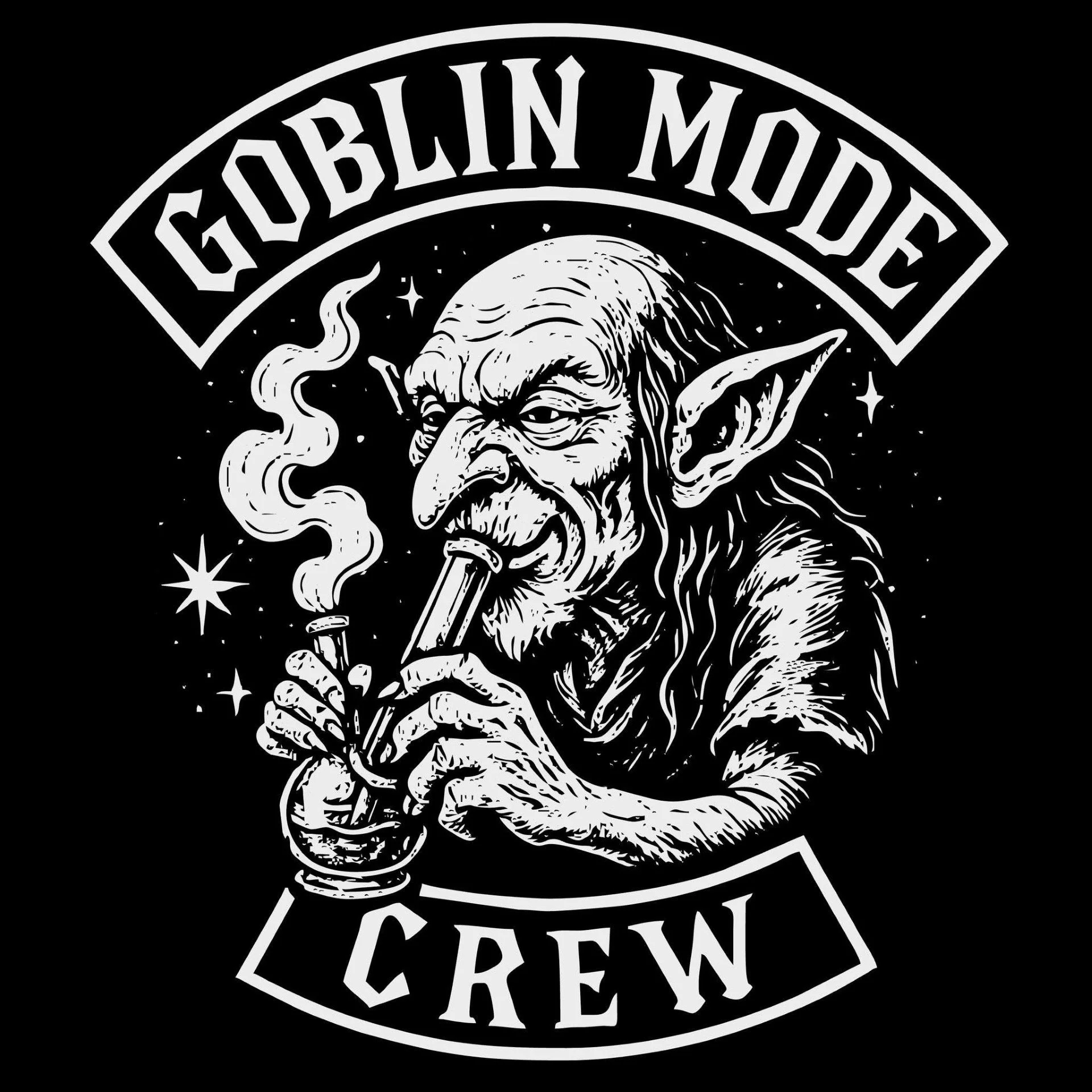 Black and white logo with a gnome smoking a pipe and the text 'GOBLIN MODE CREW' in a curved arc at the top.