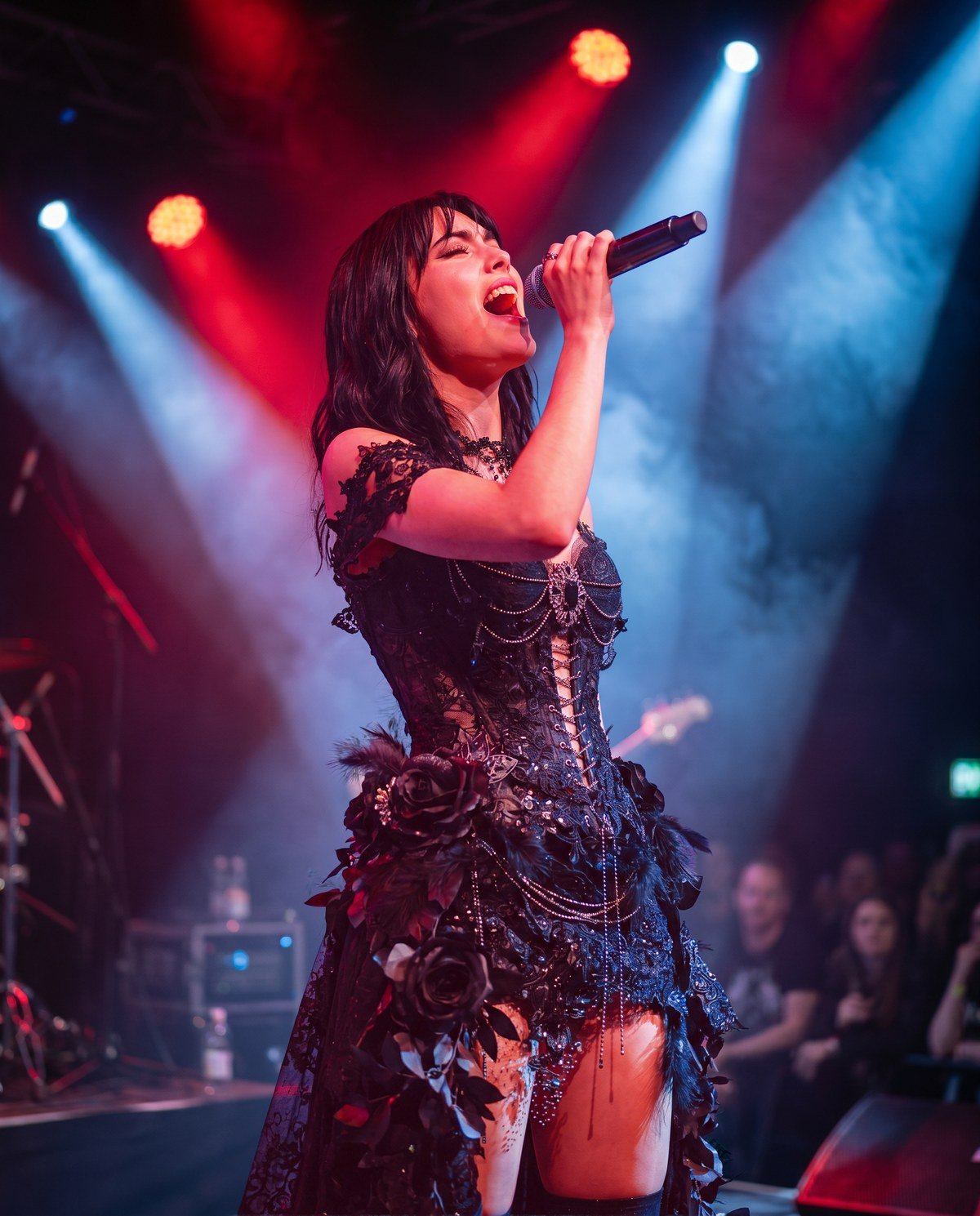 A female singer performing on stage in a black lace dress with floral and chain embellishments, under red and blue stage lights, with an audience in the background.