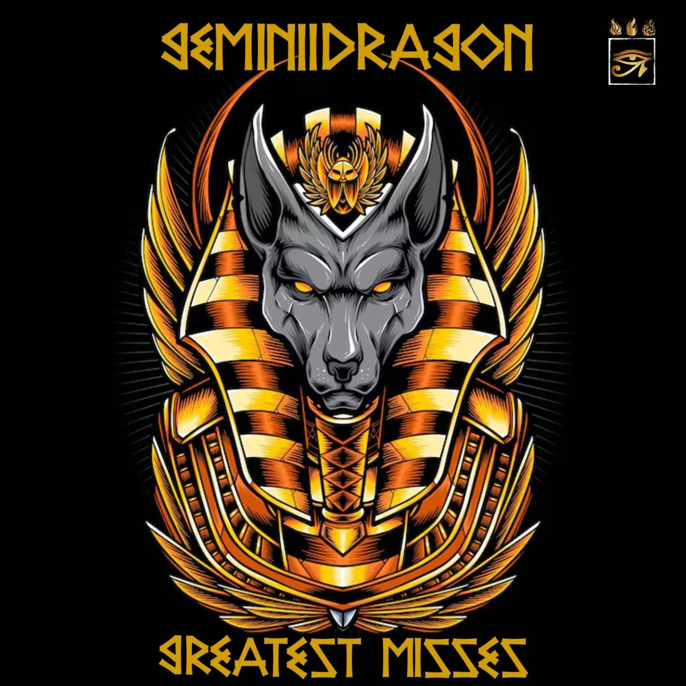 A graphic illustration of a fierce, gray wolf with glowing yellow eyes, surrounded by an ornate gold and black Egyptian-inspired design, with the words 'Seminidragon' at the top and 'Greatest Misses' at the bottom, against a black background.