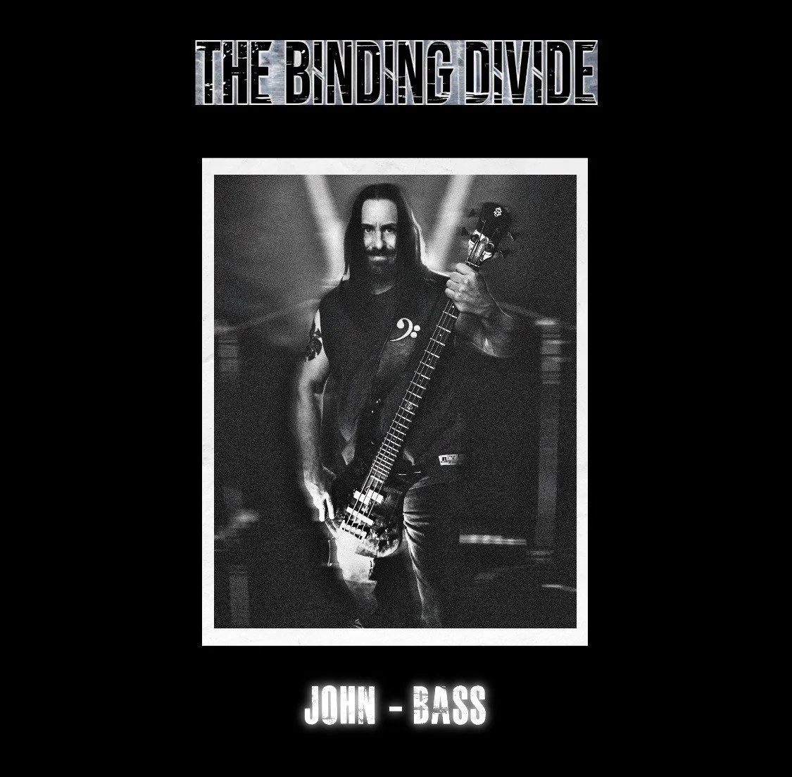 Black and white concert poster with a photo of a male bassist holding a bass guitar, the band name 'The Binding Dude' at the top, and 'John - Bass' at the bottom.