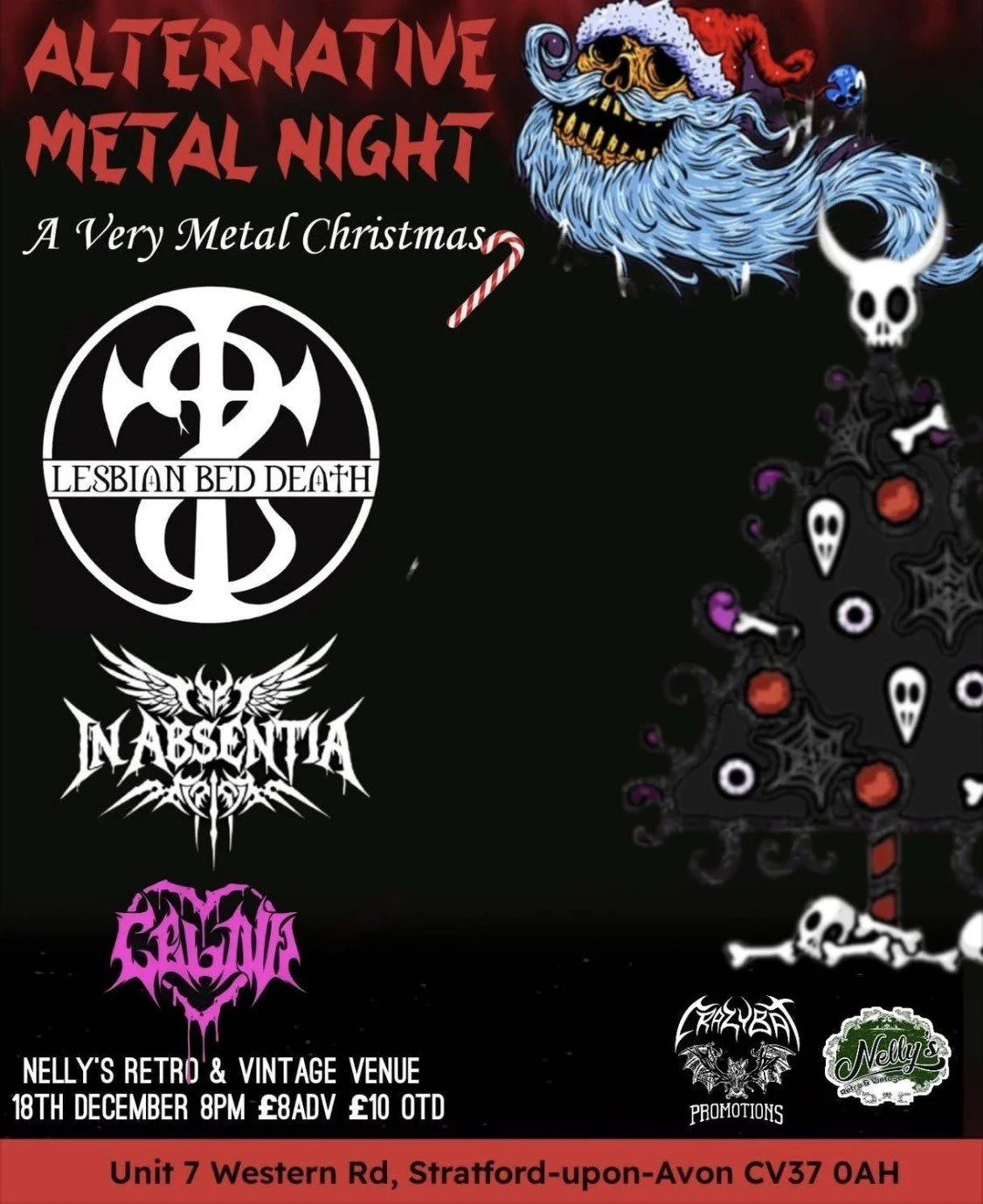 Promotional poster for an alternative metal Christmas event at Nelly's Retro & Vintage Venue, featuring bands Lesbian Bed Death, In Absenta, Meth, and Satanica, scheduled for December 18th at 8 PM, with entry costing £8 in advance and £10 on the door, located at Unit 7 Western Rd, Stratford-upon-Avon.